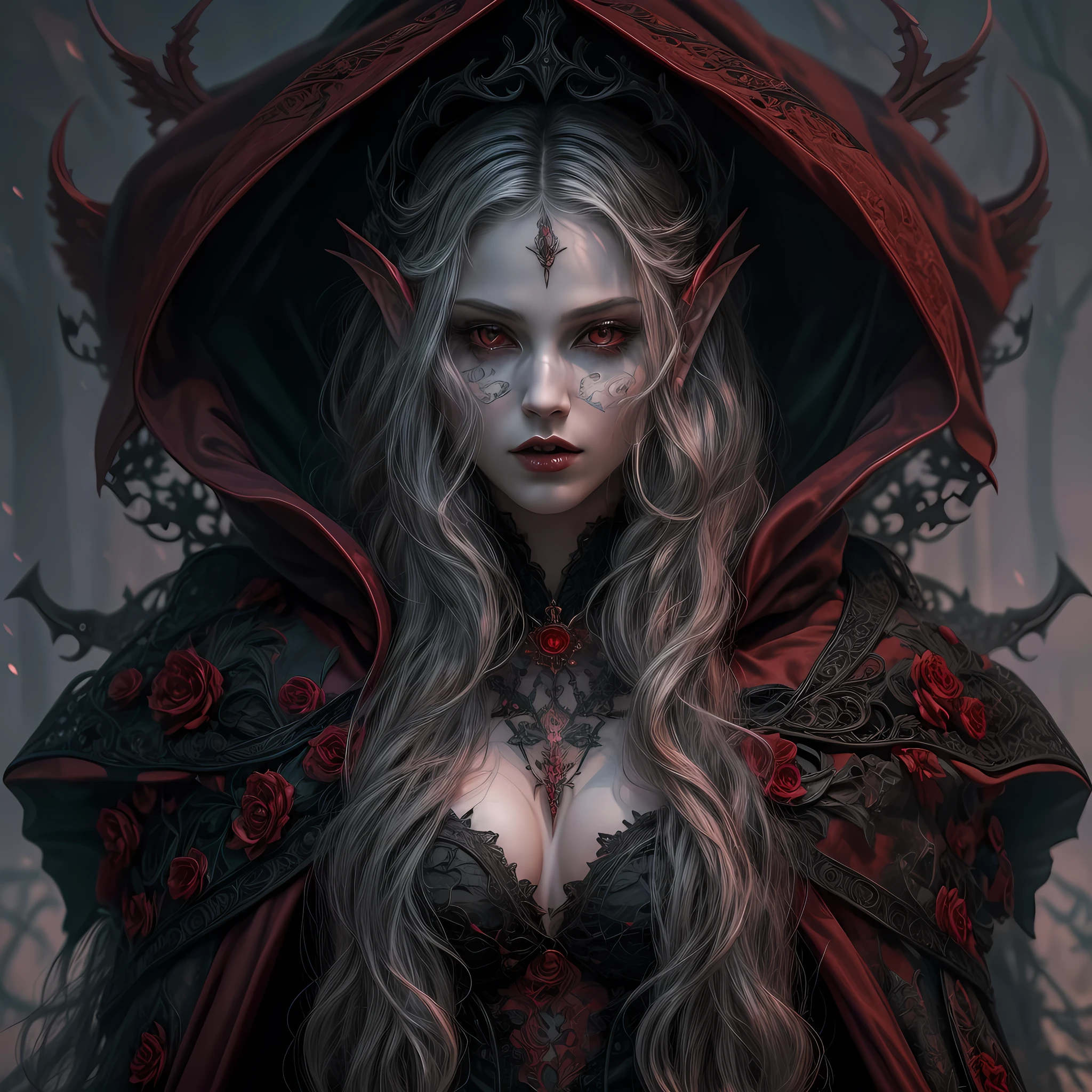 fantasy art, gothic art, (masterpiece:1.5), full body best details, highly detailed, best quality, Glowing Red, highres, full body portrait of a vampire, elf (Masterpiece, best quality: 1.6), ultra feminine, wizard, (intricate details, Masterpiece, best quality: 1.5) with a long curvy hair, light color hair, (red1.3) eyes, (fantasy art, Masterpiece, best quality), ((beautiful delicate face)), Ultra Detailed Face (intricate details, fantasy art, Masterpiece, best quality: 1.5), [[vampiric fangs 1.5]] (red cloak: 1.3) , flowing cloak (intricate details, fantasy art, Masterpiece, best quality: 1.3), wearing an intricate (black: 1.2) dress (intricate details, fantasy art, Masterpiece, best quality: 1.5), high heeled boots, urban background (intense details, beat details), fantasy, at night light, natural ,moon light, clouds, gothic atmosphere, soft light, dynamic light, [[anatomically correct]], high details, best quality, 8k, [ultra detailed], masterpiece, best quality, (extremely detailed), dynamic angle