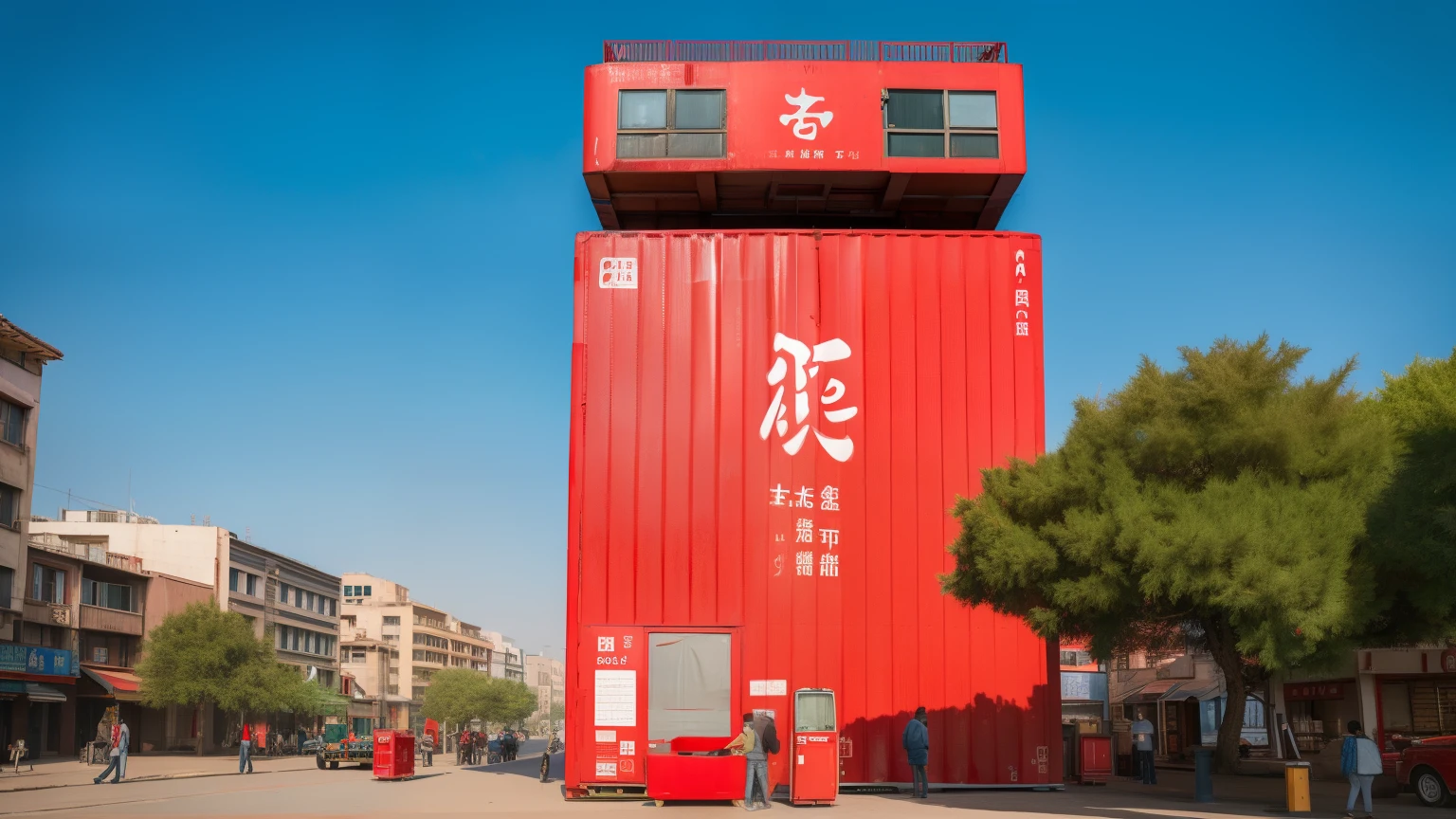 a big red crane lifting giant soda can from a giant red box in the middle of green city, striking architecture, red crane, blue skies, people looking at the big red box.
