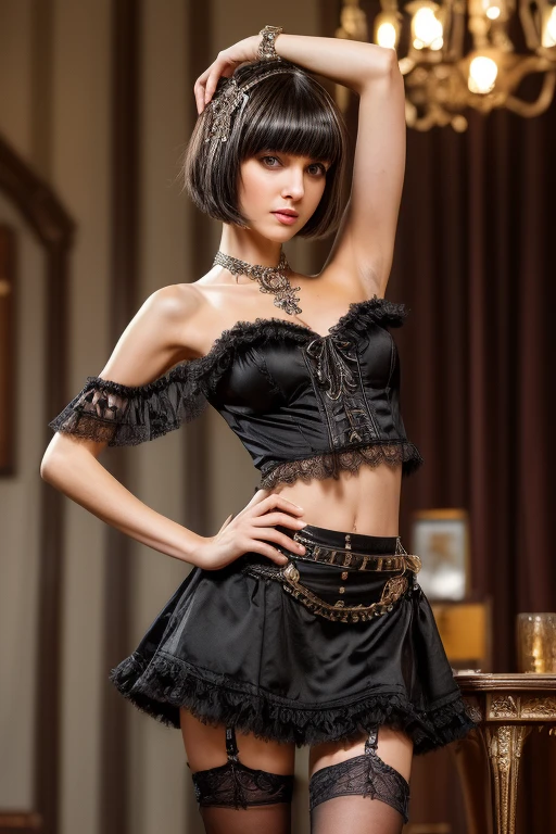 (((masterpiece, highest quality, Super detailed))), 1 female, (((very thin body))) , (((length, thin legs))), (((black short bob, thick and fluffy bangs ))), (((highly detailed face))), No cosmetics, small and thin nose, thin mouth and small lips, (((Very sharp focused eyes))), Precise pale gray eyes with large slits, shine like a jewel, length eyelashes, ((Highly decorative and complex mechanical steampunk fashion, Lace Flare Mini Skirt, above the knee lace stockings, Lace Off Shoulder ta Fashion, Overly decorative fashion)), Abandoned Night, Complex mechanized steampunk factory catches fire、explosion, (((Overall accuracy has been significantly improved, creating a Super detailed and realistic image))), super realistic photos., ((28 year old girl, slim, thin waist, thin thighs, thin arms)), ((raise your arms, Please show me your armpits)), dslr, ultra quality, sharp focus, tack sharp, dof, film grain, Fujifilm XT3, crystal clear, 8K UHD