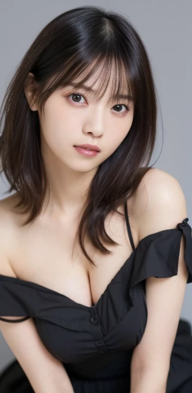 1 Female, Updo, (Ultra Realistic, High resolution), (Highly detailed eyes, Highly detailed hair, Highly detailed face, Highly detailed plump lips), (off shoulder with open chest), chest, Upper Body, Looking for a Smile, (highest quality:1.4), RAW Photos, (Realistic, photo-Realistic:1.37), Professional photography, Cinematic Light, (Very beautiful face: 1.2),Very large breasts、chestの谷間、Voluptuous thighs、The colour of the left and right eyes are different、Pictured from head to knee