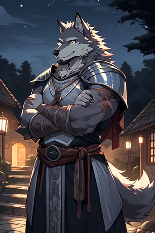 knight sword, (best quality), (masterpiece), (Super detailed), Clear focus, Niji, Eye contact, Black eyes, Watching_exist_Viewer, Stand with your arms crossed, Smile, hairy, animal_Wolf_ear, light white fur, Brown fur, black beard, Upper Body, anthropology (Wolf), male, (Wolf), middle aged, Scars on the face and hands, Gray body, White belly, muscular, knight costume, village, Super detailed face, Low light, night, night vibes, Tree