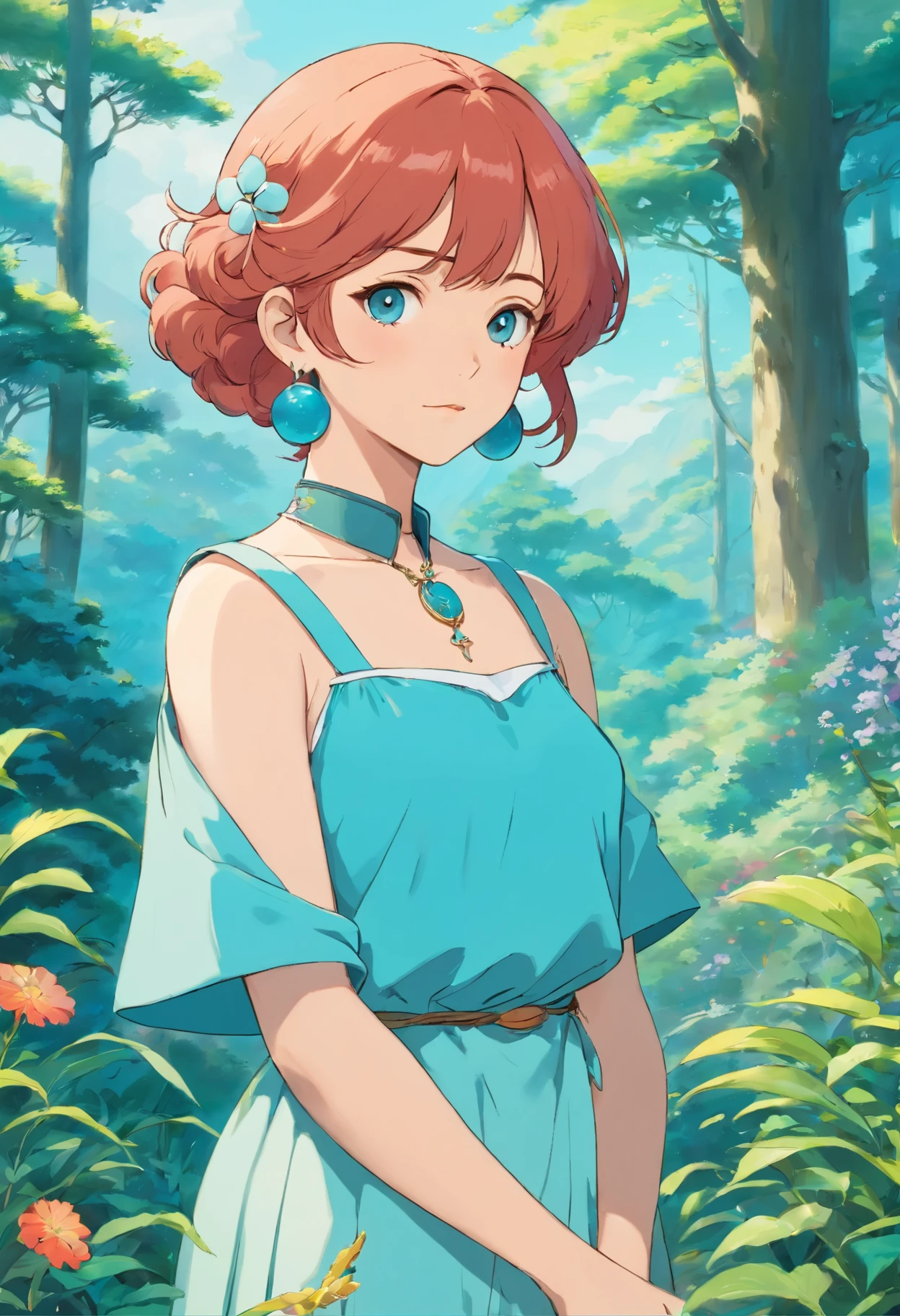 Anime girl with collar, Long necklace and earrings, In the style of a tranquil garden landscape, Colorful animated stills, masami teraoka, Aquamarine, Paul Gauguin, Embry Style, Honest portrayal