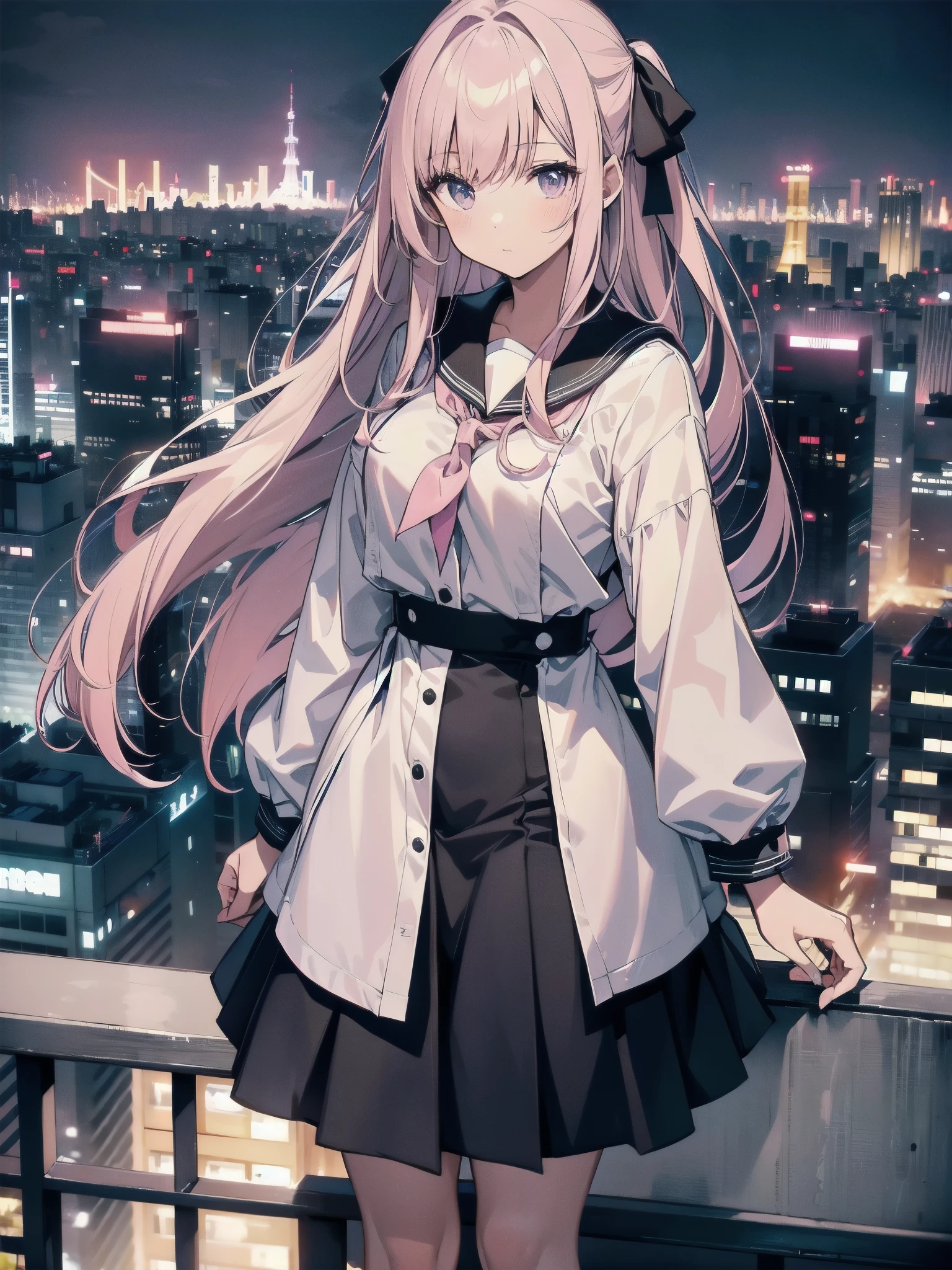 A girl stands on the rooftop of a high-rise building overlooking Tokyo late at night、A high school student wearing a white and black sailor uniform with a pale pink ribbon、She wears a large witch&#39;s hat with a small sapphire accessory、A few star creams、Beautiful starry sky、Beautiful night view、Blue Eyes、