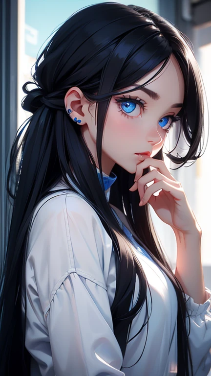a dreamy girl blue eyes with a hair tie i her mouth, long black hair and piercing eyes tying her hair
