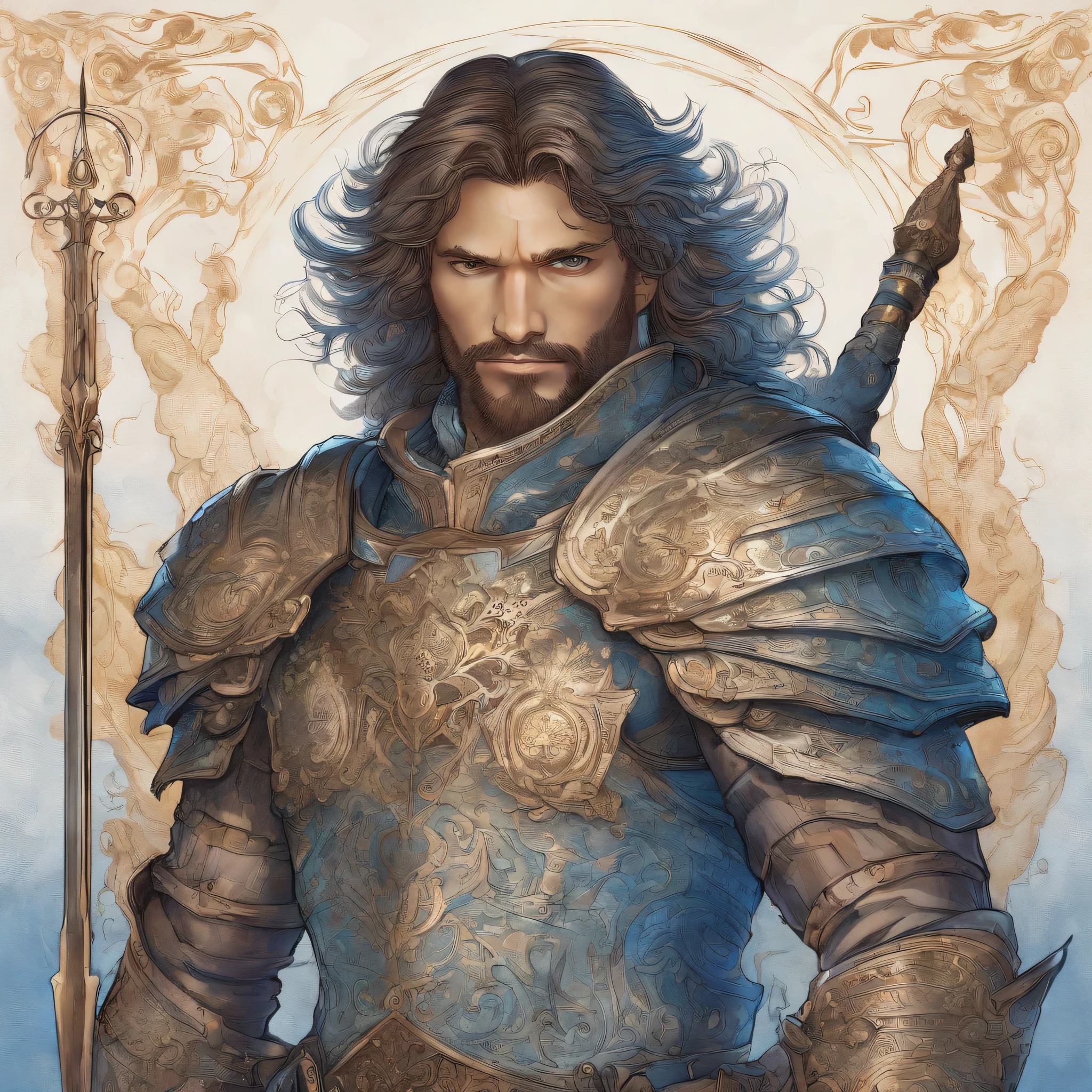 a tall and muscular man with bright blue eyes and brown hair that falls in curls over his shoulders. A determined smile adorns his face, and light stubble appears on his chin. He wears massive armor, decorated with carvings and symbols of his order, and at his belt hangs a sword with an ornamented guard. In his eyes one can see the readiness to protect those who need help, and the inner fire of faith in his deity. 