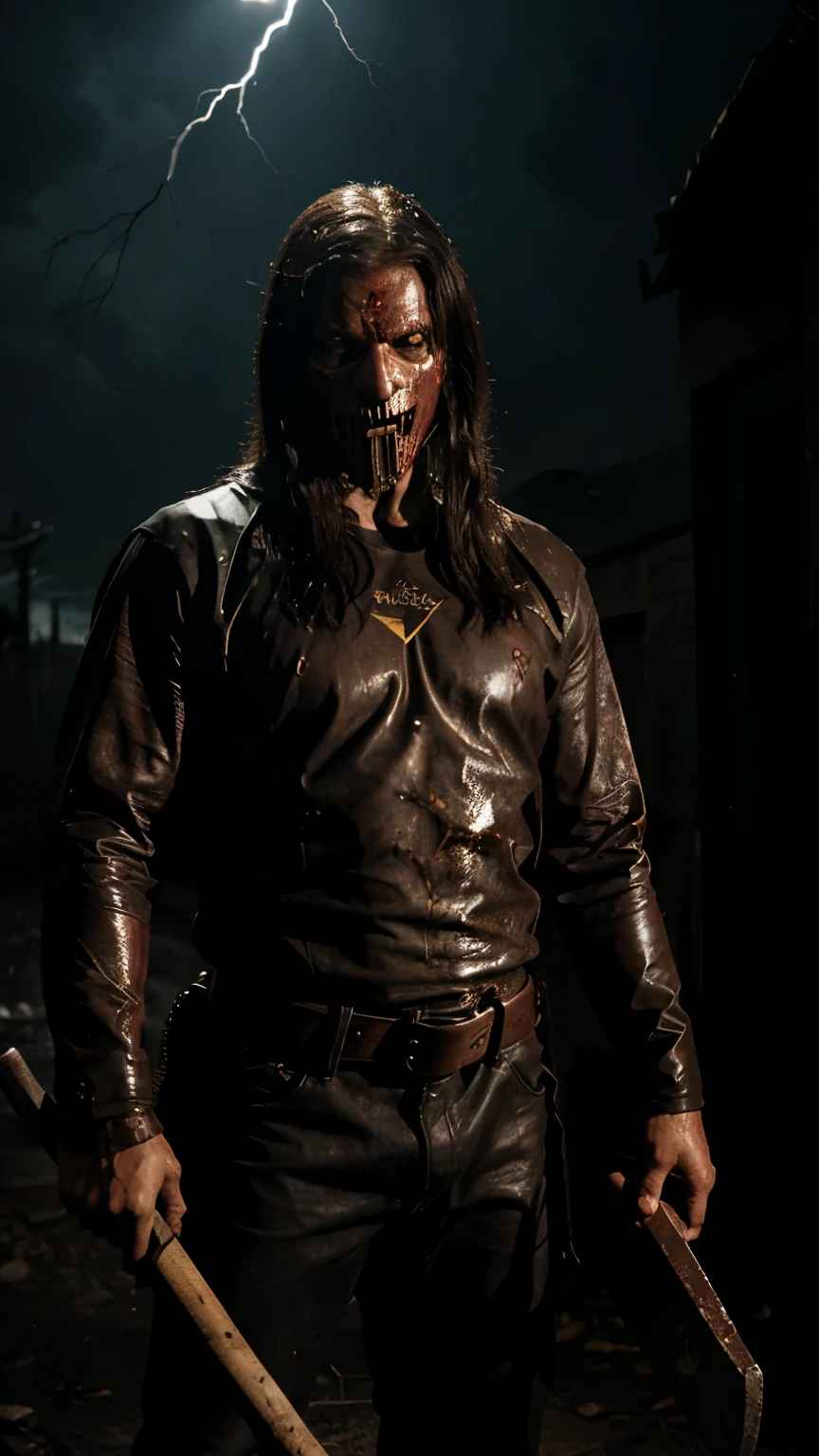 "Jason, em uma noite de tempestade, emerges from the shadows with his deformed mask, holding his bloody ax as lightning illuminates his sinister face."