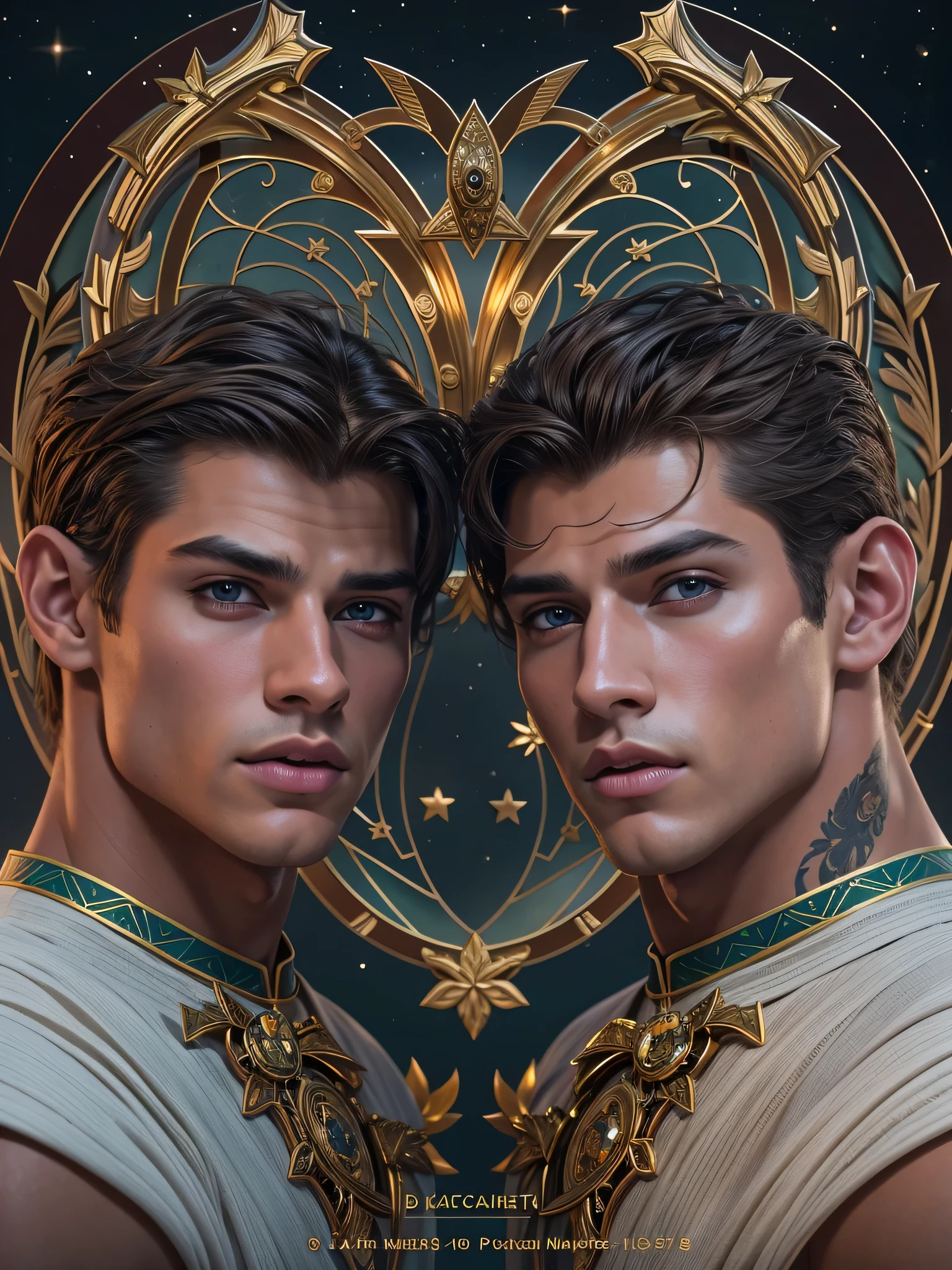 (photorealistic, ultra realistic, masterpiece:1.2, detailed face, best quality, DSLR, RAW, highres, 4k), Fantasy art style, imagine the zodiac sign Gemini depicted through captivating male twin models with dualistic auras. Their sexy opposing appearances and skimpy clothing complement their two distinct personas, showcasing their versatility and charm.
