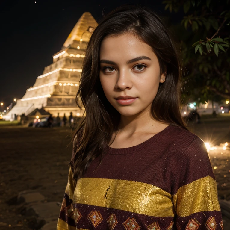 jeune femme de 25 ans, brune, on location, flash lighting, tenue colorée mexicaine, pyramide inca