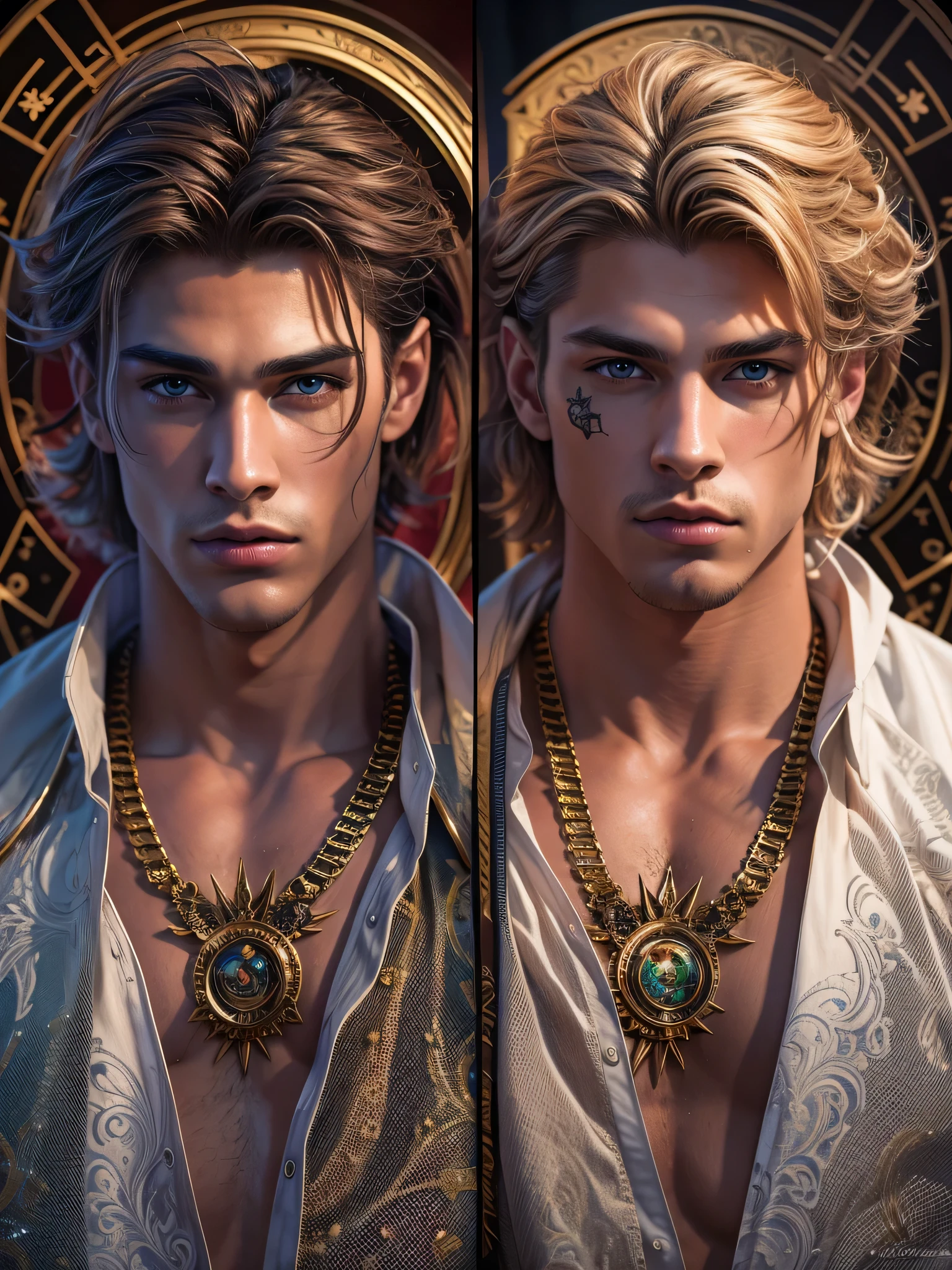 (photorealistic, ultra realistic, masterpiece:1.2, detailed face, best quality, DSLR, RAW, highres, 4k), Fantasy art style, imagine the zodiac sign Gemini depicted through captivating male twin models with dualistic auras. Their sexy opposing appearances and skimpy clothing complement their two distinct personas, showcasing their versatility and charm.