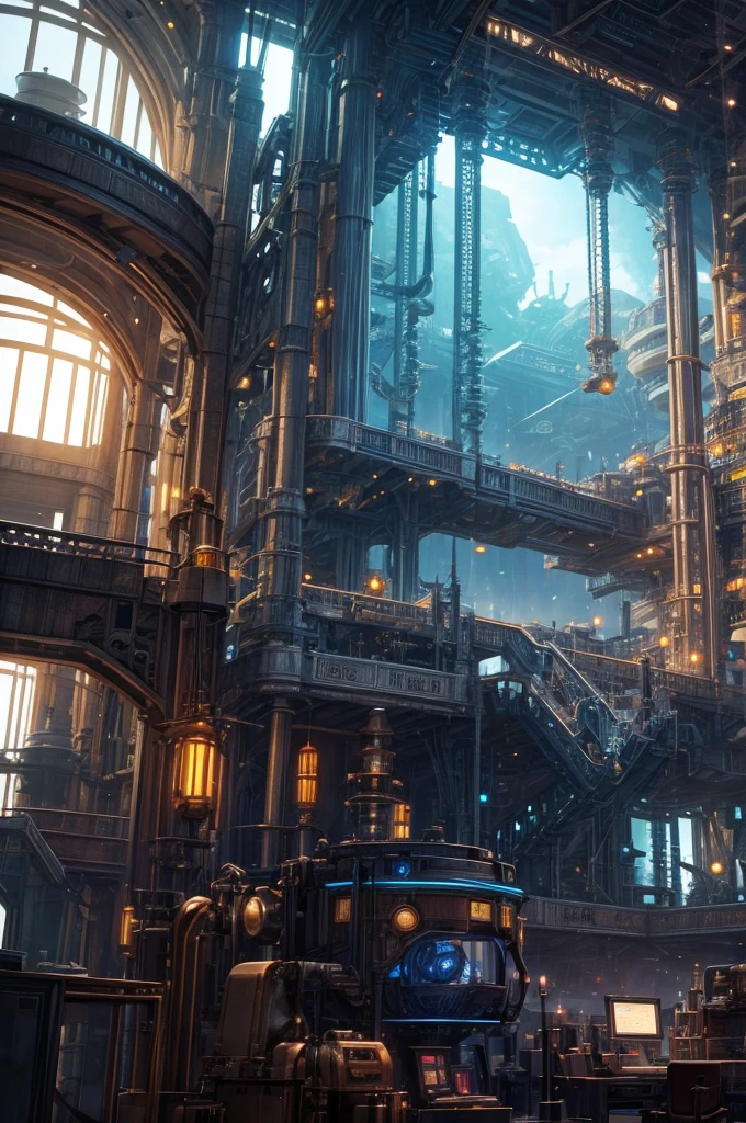 Steampunk look of the spaceship. You can see the scenery of an alien planet through the window, The entire space is filled with workstations with electronic devices and screens, Full HD