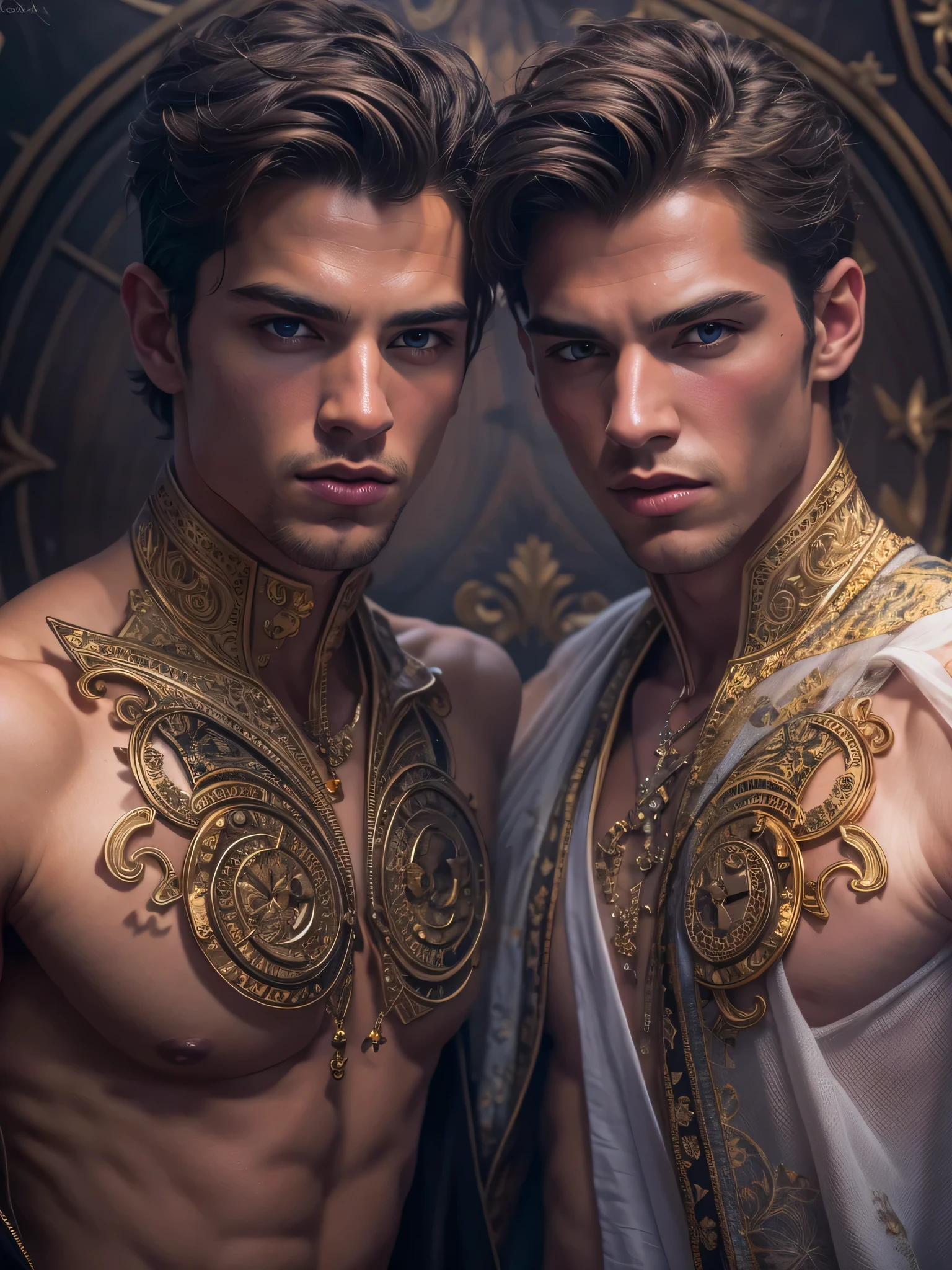(photorealistic, ultra realistic, masterpiece:1.2, detailed face, best quality, DSLR, RAW, highres, 4k), Fantasy art style, imagine the zodiac sign Gemini depicted through captivating male twin models with dualistic auras. Their sexy opposing appearances and skimpy clothing complement their two distinct personas, showcasing their versatility and charm.
