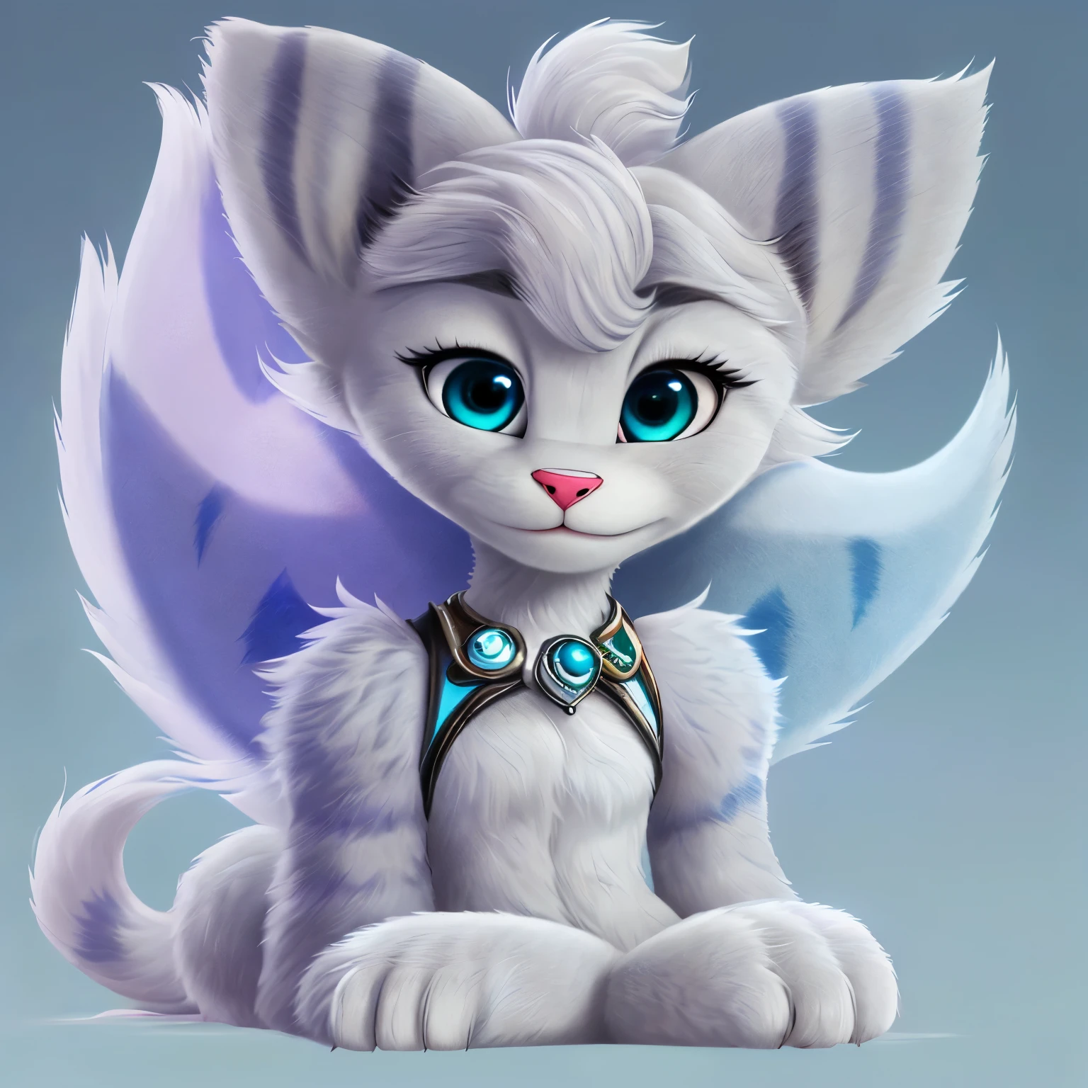 [Female], [yeti], (fluttershythekind)], ((masterpiece)), ((high quality)), ((solo portrait)), ((full body)), ((feet visible)), ((furry; anthro)), ((detailed fur)), (feminine), ((beautiful render art)),{anthro;, grey fur, pink nose, (cute round blue eyes), (half-closed eyes), (short eyelashes), (gorgeous hips), 