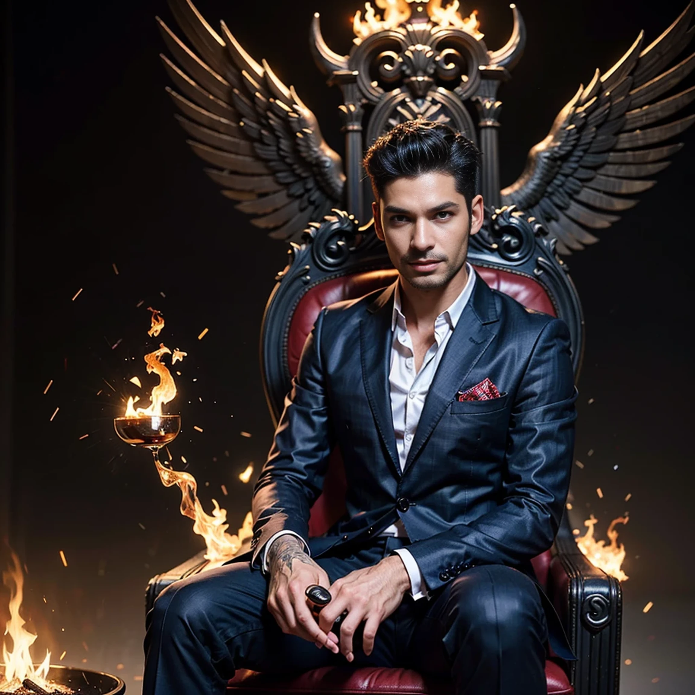 (8k, best quality, masterpiece:), Lucifer Morningstar, one masculine British male angel with dark hair, mischievous smile, flaming wings, devil, fallen angel, flames in background, details, dark suit, club theme, 1:1 ratio, sitting on a throne drinking whiskey, details, realistic