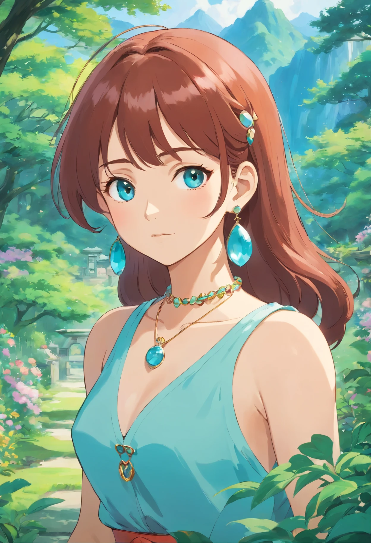 Anime girl with collar, Long necklace and earrings, No sleeve、In the style of a tranquil garden landscape, Colorful animated stills, masami teraoka, Aquamarine, Paul Gauguin, Embry Style, Honest portrayal、Looking at the camera