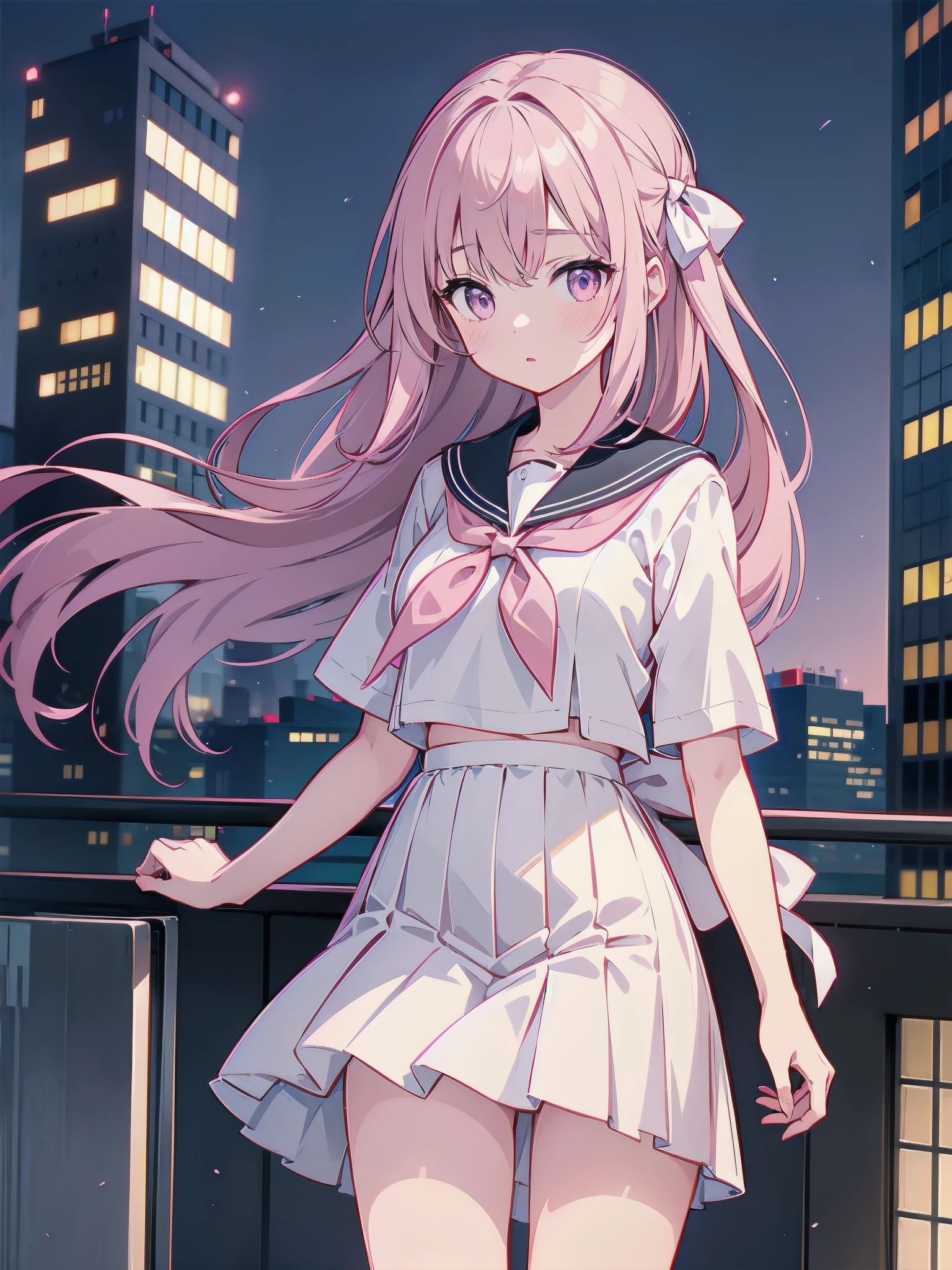 A girl stands on the rooftop of a high-rise building overlooking Tokyo late at night、A high school student wearing a white and black sailor uniform with a pale pink ribbon、She wears a large witch's hat with a small sapphire accessory、A few star creams、Beautiful starry sky、Beautiful night view、Blue Eyes