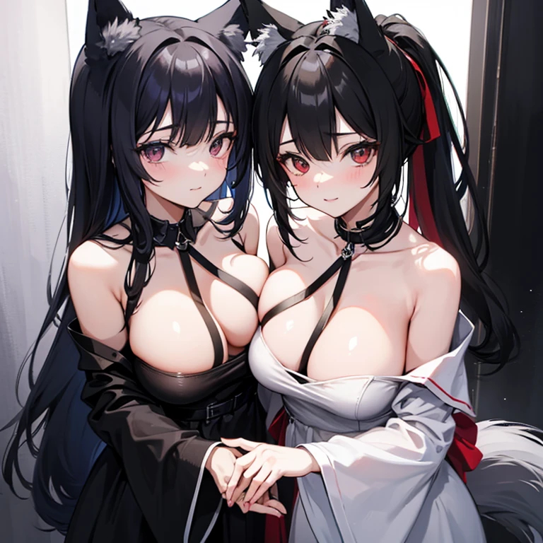 Two Young Adult woman, Long black hair, high ponytail, Fox ears, Foxtail, The left eye is blue, Red right eye, big breasts, sexy night gown, in shower, ssmile, Masterpiece, hiquality