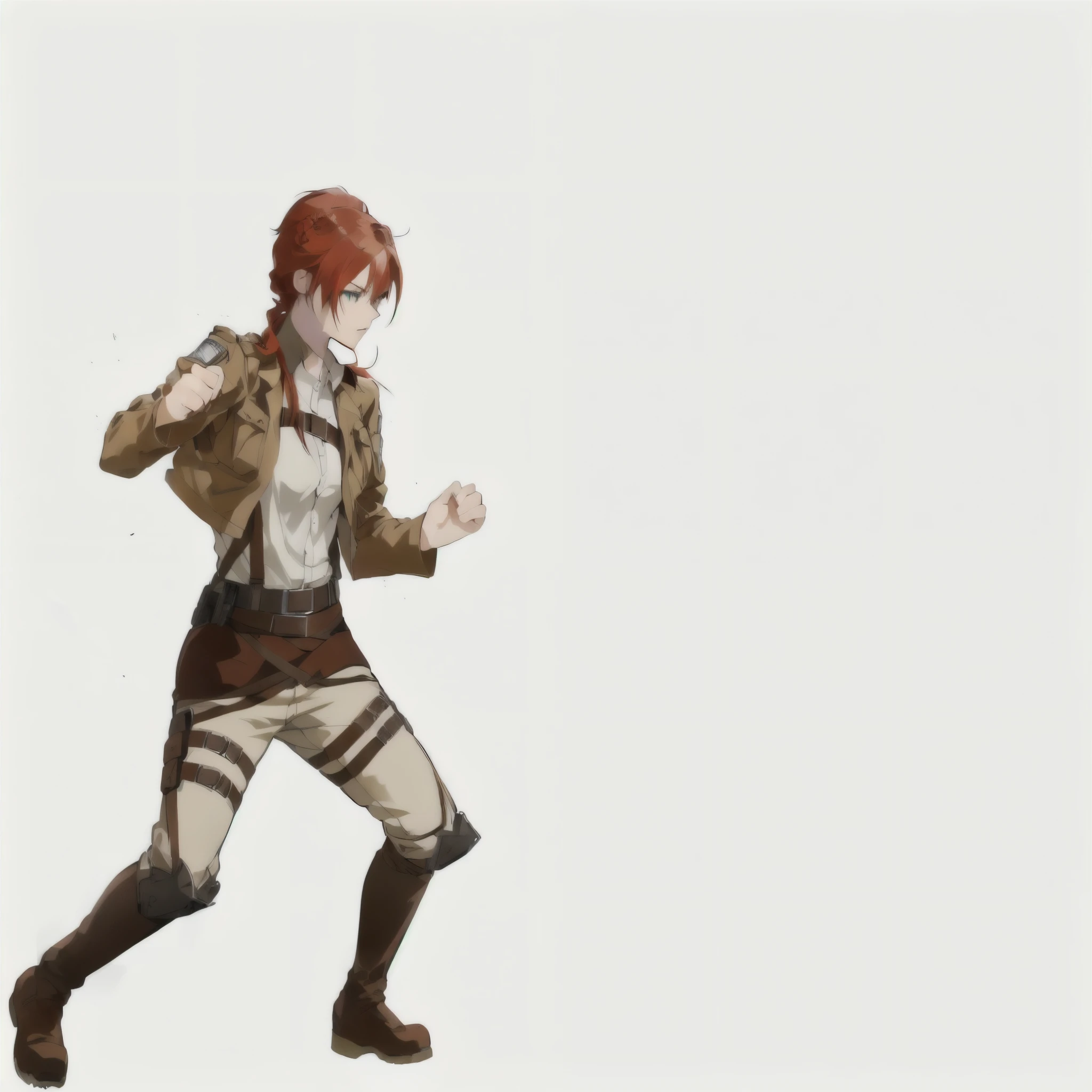 anime character with red hair, female protagonist,from attack on titan, in attack on titan, snk, anime style,, fujita goro!, female action anime girl, braided hair, fists ready to fight