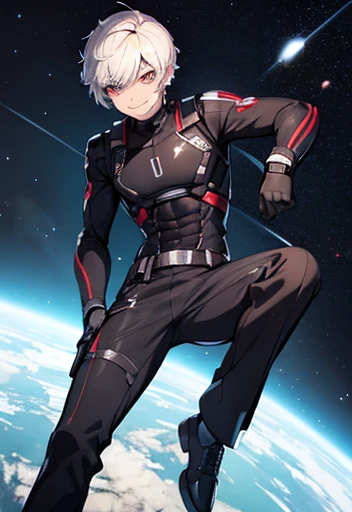 Concept ART, Male , short hair Style , ((Best quality ,artwork )) , Smile ,(( Black pupils)) ,Space Bodysuit ,((Pants)) ,