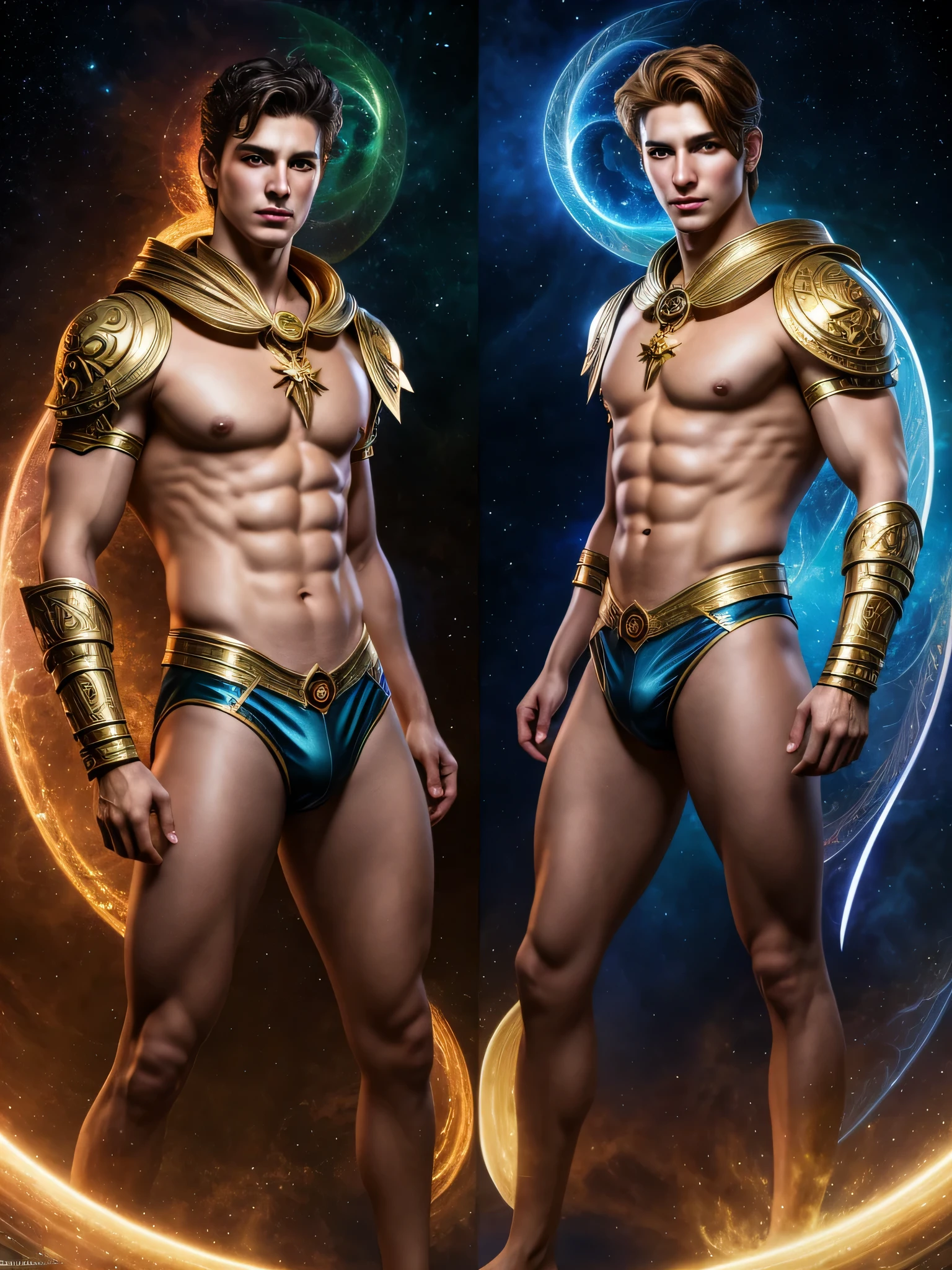 (photorealistic, ultra realistic, masterpiece:1.2, detailed face, best quality, DSLR, RAW, highres, 4k), Fantasy art style, imagine the zodiac sign Gemini depicted through captivating male twin models with dualistic auras. Their sexy opposing appearances and skimpy clothing complement their two distinct personas, showcasing their versatility and charm.