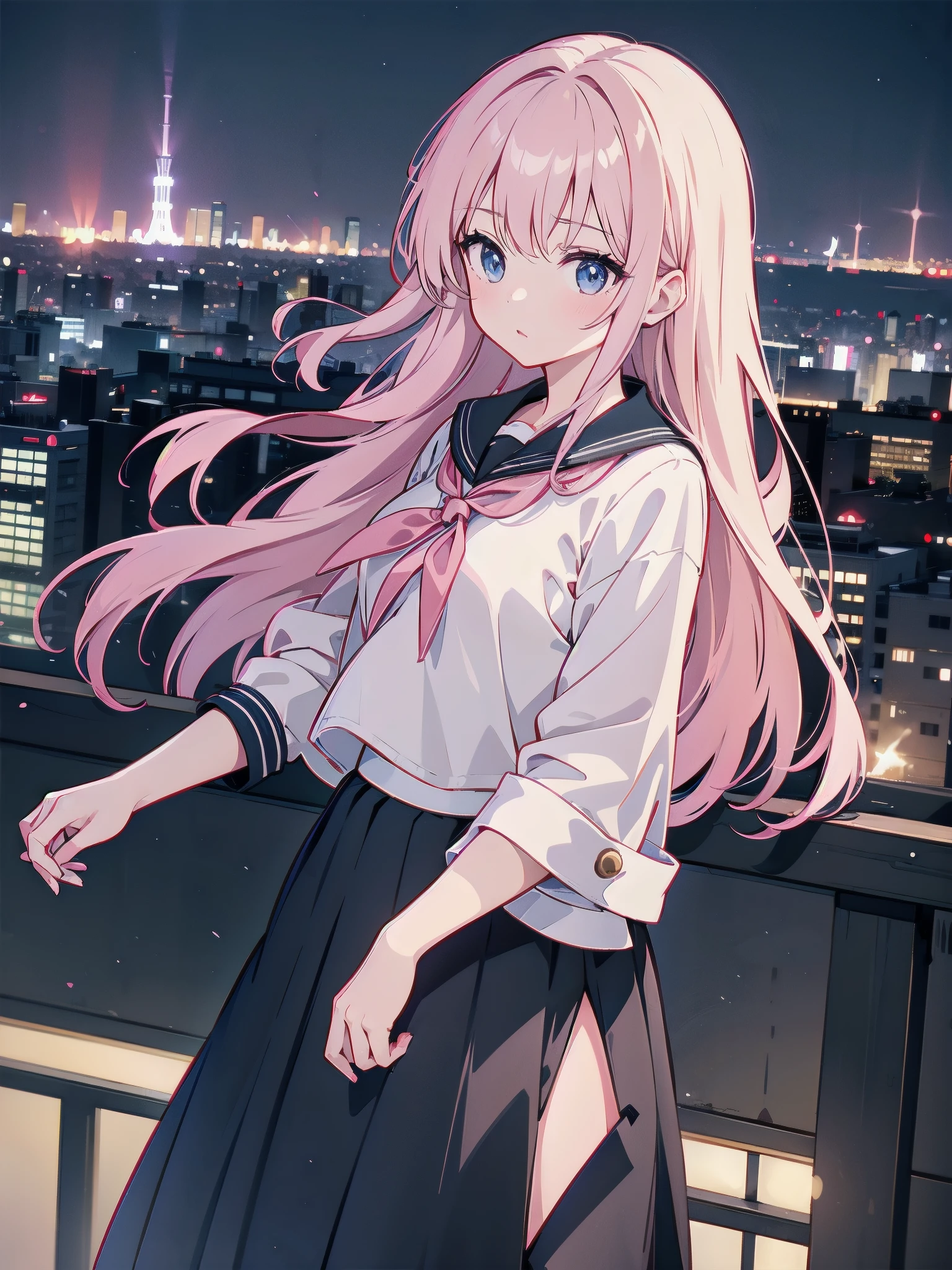A girl stands on the rooftop of a high-rise building overlooking Tokyo late at night、A high school student wearing a white and black sailor uniform with a pale pink ribbon、She wears a large witch's hat with a small sapphire accessory、A few star creams、Beautiful starry sky、Beautiful night view、Blue Eyes