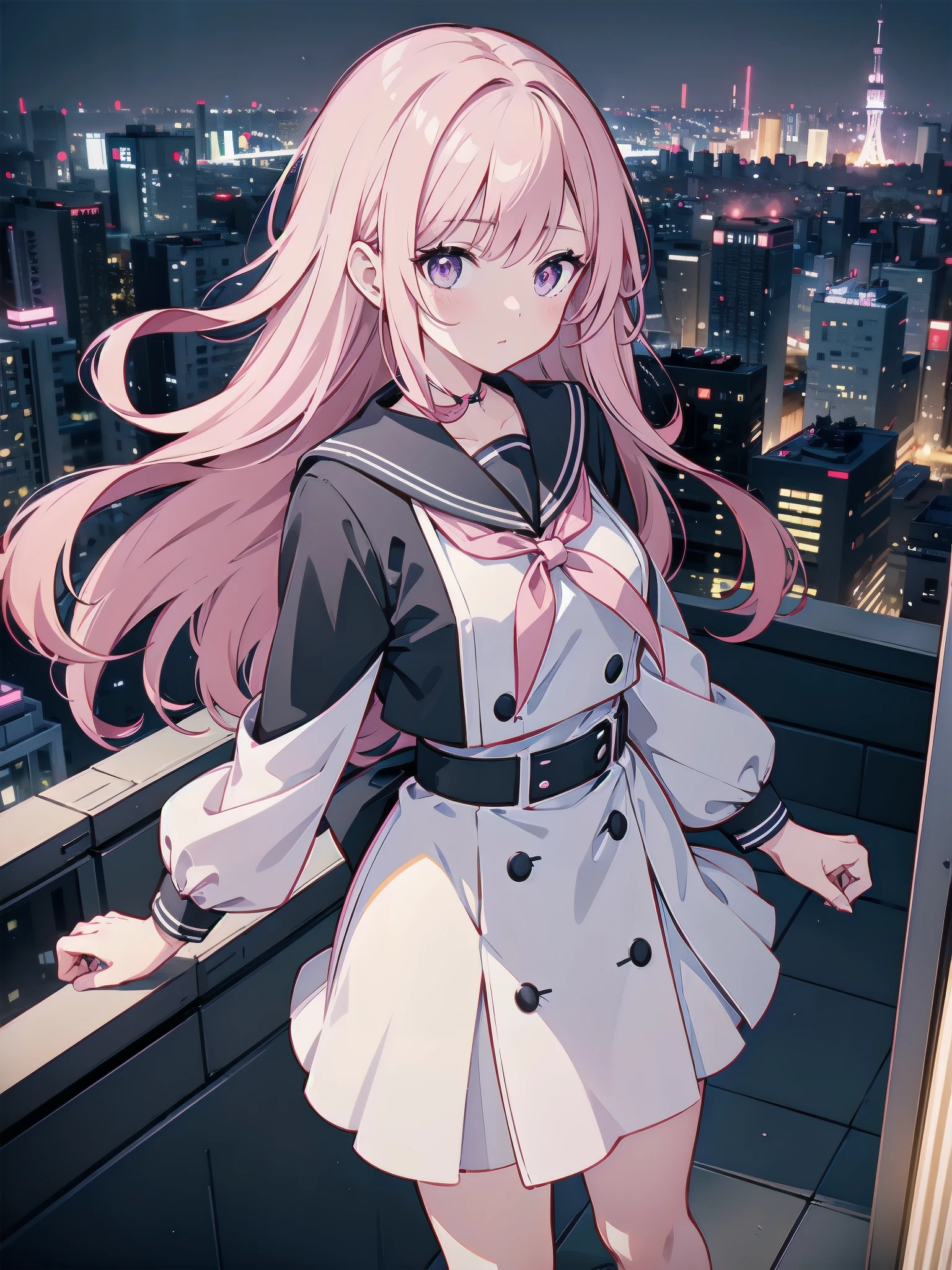 A girl stands on the rooftop of a high-rise building overlooking Tokyo late at night、A high school student wearing a white and black sailor uniform with a pale pink ribbon、She wears a large witch&#39;s hat with a small sapphire accessory、A few star creams、Beautiful starry sky、Beautiful night view、Blue Eyes