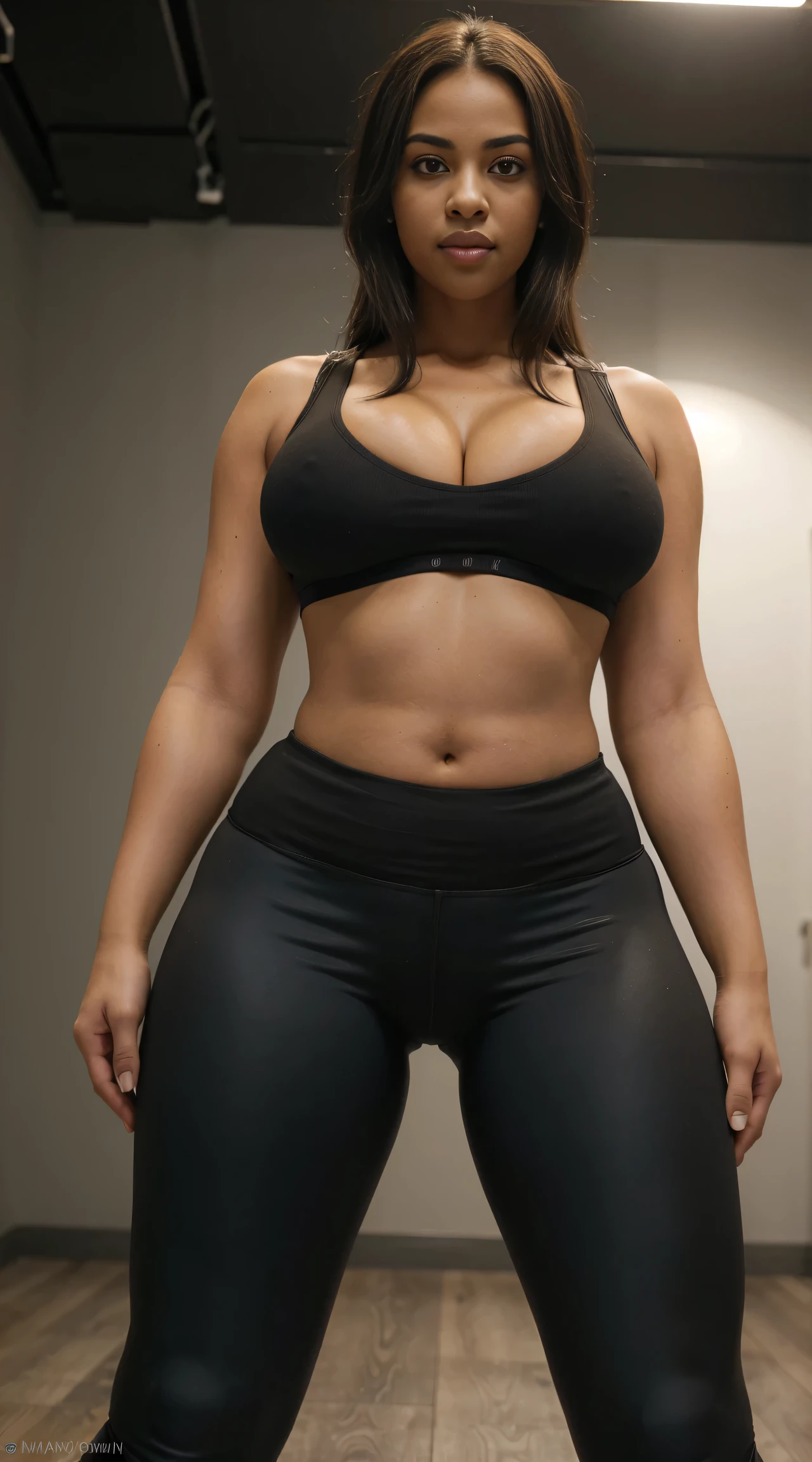 (ultra high definition), (ultra high definition), (full sharpness), (maximum quality), (Cinematic), (8k), (very black Girl), ((very tall girl), ((chubby)), ((extremely beautiful)), (alone), ((full body)), (ultra detailed face), (ultra detailed eyes), (ultra realist eyes), (perfect body), (delicate hands), (very detailed hands), (studio lighting), ((front view)), (very sexy), (malicious smile), (soft skin), (very insinuating), ((perky butt)), (((wearing leggings ))),(((cut off t-shirt))), ((ultra wide hips)), (very thick thighs), ((very thin waist)), (huge breasts), (very big ass), (natural skin), (unique), (totally realistic), (very hot), (very fat ass), (very wide ass), (so sweet), temptation), (very wide pubis), (broad bones), (very round ass), ((no belly)), ((flat belly))