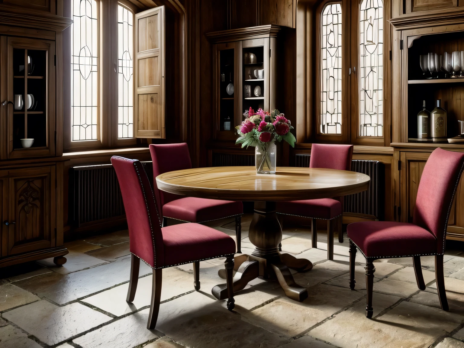 photorealistic, masterpiece, 8k, photographed with a canon 1d mark III, a medieval room, in the background a window, a cracked stone floor, in the left corner on the wall a massive wooden cupboard, in the foreground a round, ornate table, on the table there is a carafe with red wine, next to it two red wine glasses, a glass filled, a glass empty, to the left and right of the table there is an armchair with fabric cover,