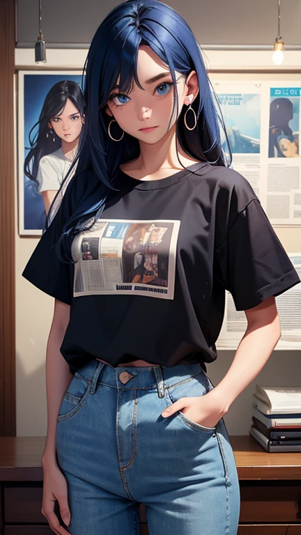 1girl, solo, long_hair, denim, pants, jewelry, shirt, jeans, earrings, print_shirt, white_shirt, looking_at_viewer, poster_(object), hands_in_pockets, cowboy_shot, mole_under_eye, mole, blue_hair, closed_mouth, standing, t-shirt, newspaper, blue_eyes, short_sleeves, shirt_tucked_in