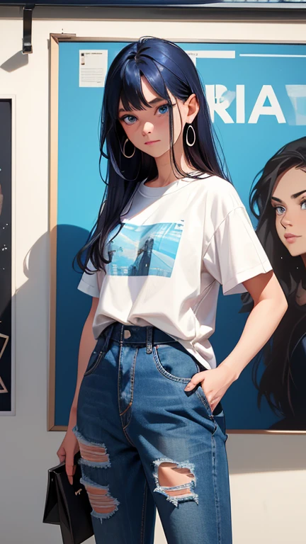1girl, solo, long_hair, denim, pants, jewelry, shirt, jeans, earrings, print_shirt, white_shirt, looking_at_viewer, poster_(object), hands_in_pockets, cowboy_shot, mole_under_eye, mole, blue_hair, closed_mouth, standing, t-shirt, newspaper, blue_eyes, short_sleeves, shirt_tucked_in