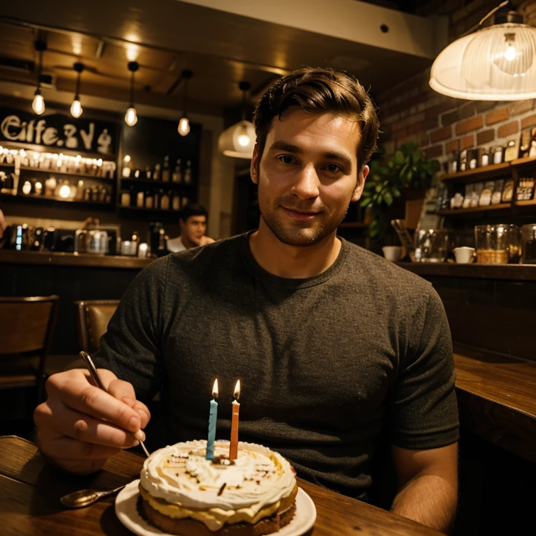 30 year old man celebrating his birthday in a cafe or low light
