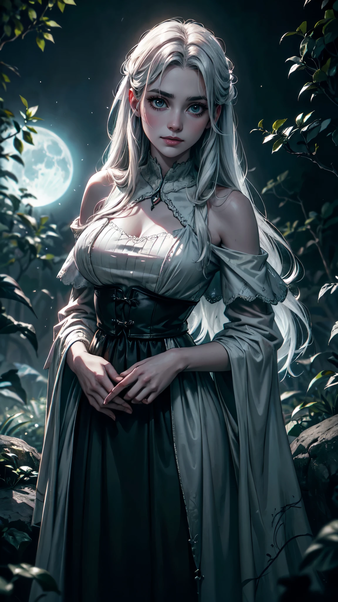 absurdres, RAW photo, extremely delicate and beautiful, masterpiece, Best Quality, ultra high resolution, 32k, hyperrealistic, ultra-detailed, perfect figure, detailed description, pale skin, 20 years old, detailed beautiful face and eyes, tearful mole, earring, short medium hair, wavy hair, full body, a ghostly ethereal female figure, delicate detailed facial features, long flowing white hair, pale skin, wispy ethereal dress, a mysterious ancient graveyard, eerie fog, cracked gravestones, overgrown vines, moonlight shining through twisted branches, old withered trees, crows perched on tombstones, gnarled roots crawling over the ground, flickering lanterns, abandoned mausoleum, intricate gothic architecture, somber atmosphere, mist swirling around, pale moonlight, gloomy mood, weathered stone, dark shadows, haunting presence, forgotten history