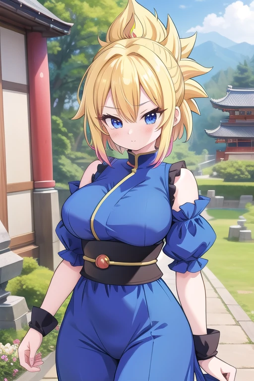 Une femme, 25 ans, mangas, cheveux longs, cheveux multicolores, details, Dragon ball Z, Vegeta, saiyan, armure de super saiyan, Vegeta cosplay, jardin zen, temple japonais