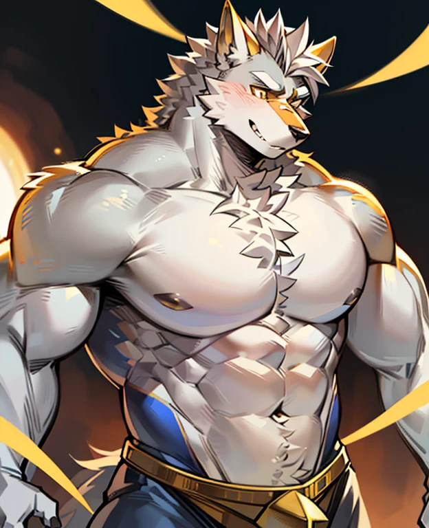 Ultra-clear Picture, 16k Resolution, Full-body Portrait, Full-body Close-up, Facial Clarity, Bright and Radiant Eyes, Delicate and Expressive Eyes, Worm's Eye View, Solo Focus on the Main Body, Canidae, Majestic Big Dog, Wolf, Male, Juvenile, Student, High School Student, Sports Student, Young, Tough Guy, Silver-gray Hair, Golden Eyes, Eyes Shining like the Sun, Tall and Strong, Muscles All Over the Body, Large Pectoral Muscles, Defined 8-Pack Abs, Powerful Biceps, Thick Tail, Thick and Power