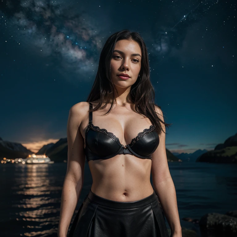 a woman, 25ear old, long black hairs, textured skin, a lot of details, in a fjord, with a viking skirt and a leather bra, starry Night, milky way, 