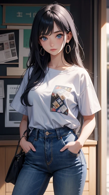 1girl, solo, long_hair, denim, pants, jewelry, shirt, jeans, earrings, print_shirt, white_shirt, looking_at_viewer, poster_(object), hands_in_pockets, cowboy_shot, mole_under_eye, mole, blue_hair, closed_mouth, standing, t-shirt, newspaper, blue_eyes, short_sleeves, shirt_tucked_in