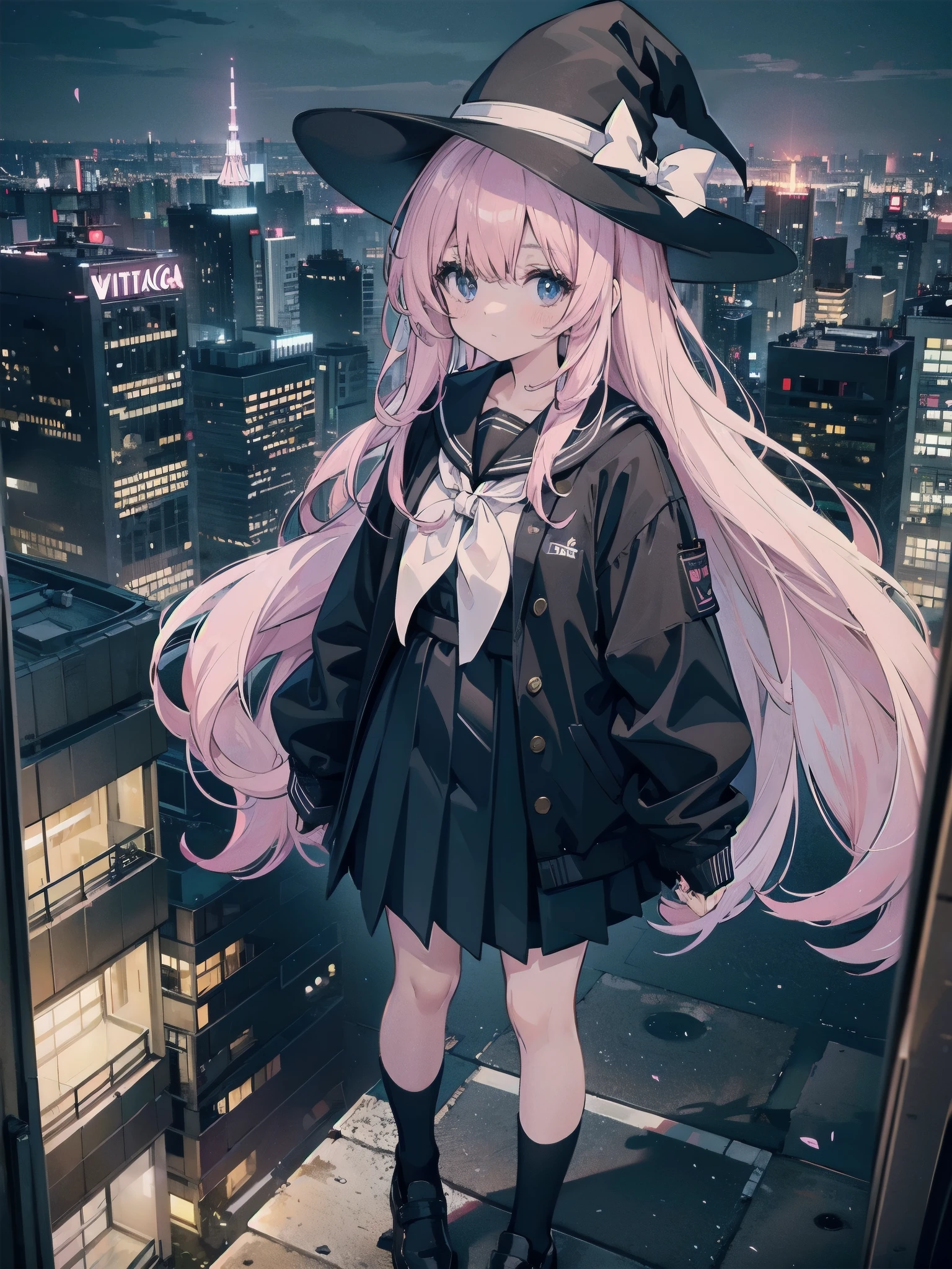 A girl stands on the rooftop of a skyscraper overlooking Tokyo、A high school student wearing a white and black sailor uniform with a pale pink ribbon、She wears a large witch's hat with a small sapphire accessory、She has long white hair、A few star creams、Beautiful starry sky、Beautiful night view、