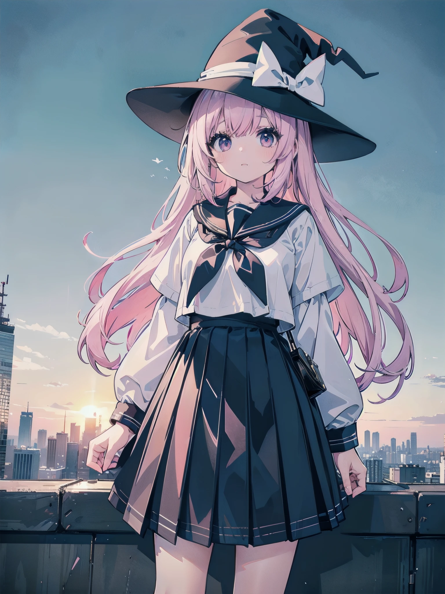 A girl stands on the rooftop of a skyscraper overlooking Tokyo、A high school student wearing a white and black sailor uniform with a pale pink ribbon、She wears a large witch's hat with a small sapphire accessory、She has long white hair、A few star creams、Beautiful starry sky、Beautiful night view、