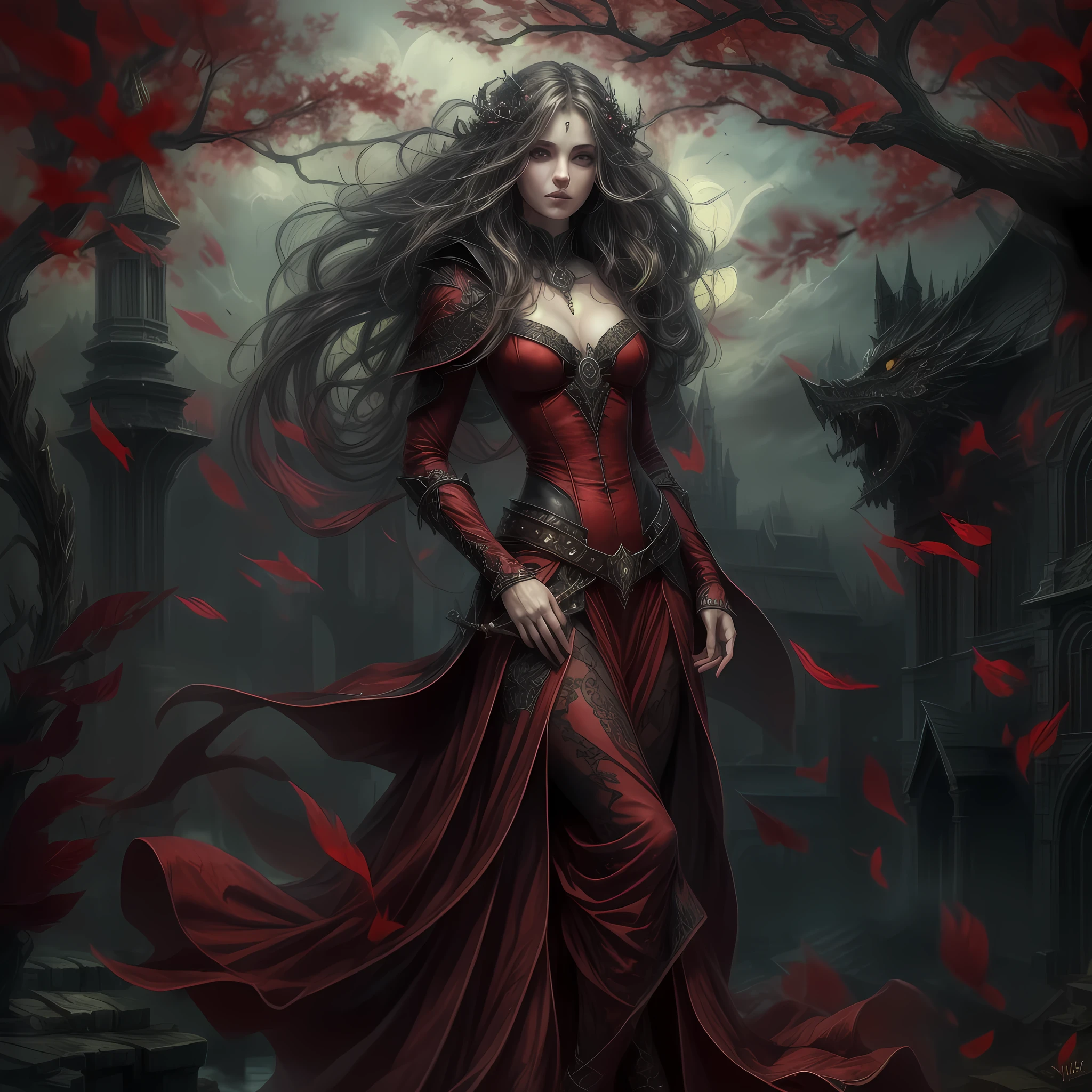 fantasy art, gothic art, (masterpiece:1.5), full body best details, highly detailed, best quality, Glowing Red, highres, full body portrait of a vampire, elf (Masterpiece, best quality: 1.6), ultra feminine, wizard, (intricate details, Masterpiece, best quality: 1.5) with a long curvy hair, light color hair, (red1.3) eyes, (fantasy art, Masterpiece, best quality), ((beautiful delicate face)), Ultra Detailed Face (intricate details, fantasy art, Masterpiece, best quality: 1.5), [[vampiric fangs 1.5]] (red cloak: 1.3) , flowing cloak (intricate details, fantasy art, Masterpiece, best quality: 1.3), wearing an intricate (black: 1.2) dress (intricate details, fantasy art, Masterpiece, best quality: 1.5), high heeled boots, urban background (intense details, beat details), fantasy, at night light, natural ,moon light, clouds, gothic atmosphere, soft light, dynamic light, [[anatomically correct]], high details, best quality, 8k, [ultra detailed], masterpiece, best quality, (extremely detailed), dynamic angle