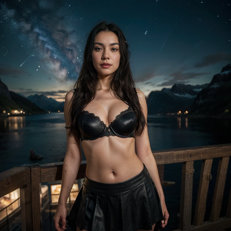 a woman, 25ear old, long black hairs, textured skin, a lot of details, in a fjord, with a viking skirt and a leather bra, starry Night, milky way,