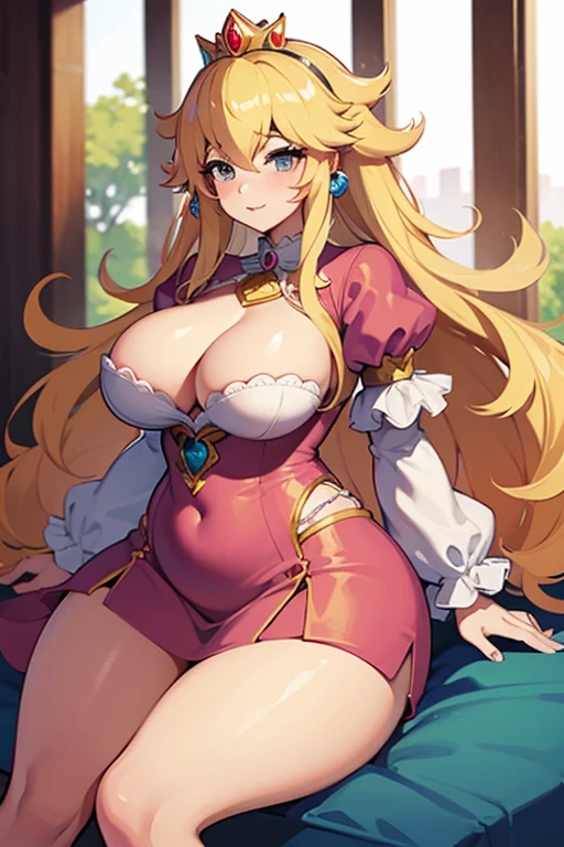 Princess peach with and ginormous breasts and big hips sitting on a guy