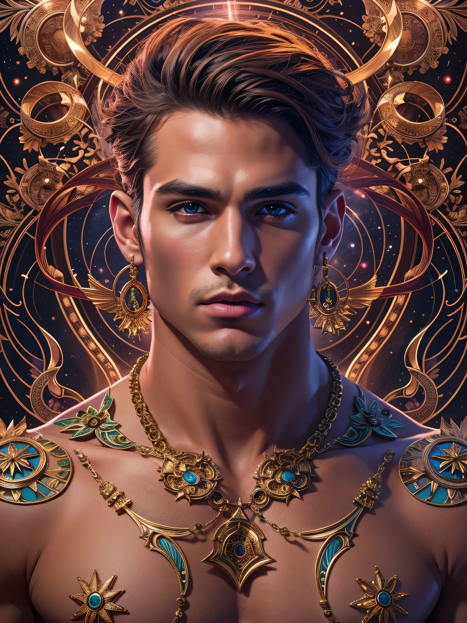 (photorealistic, ultra realistic, masterpiece:1.2, detailed face, best quality, DSLR, RAW, highres, 4k), Fantasy art style, imagine the zodiac sign Gemini depicted through captivating male twin models with dualistic auras. Their sexy opposing appearances and skimpy clothing complement their two distinct personas, showcasing their versatility and charm.