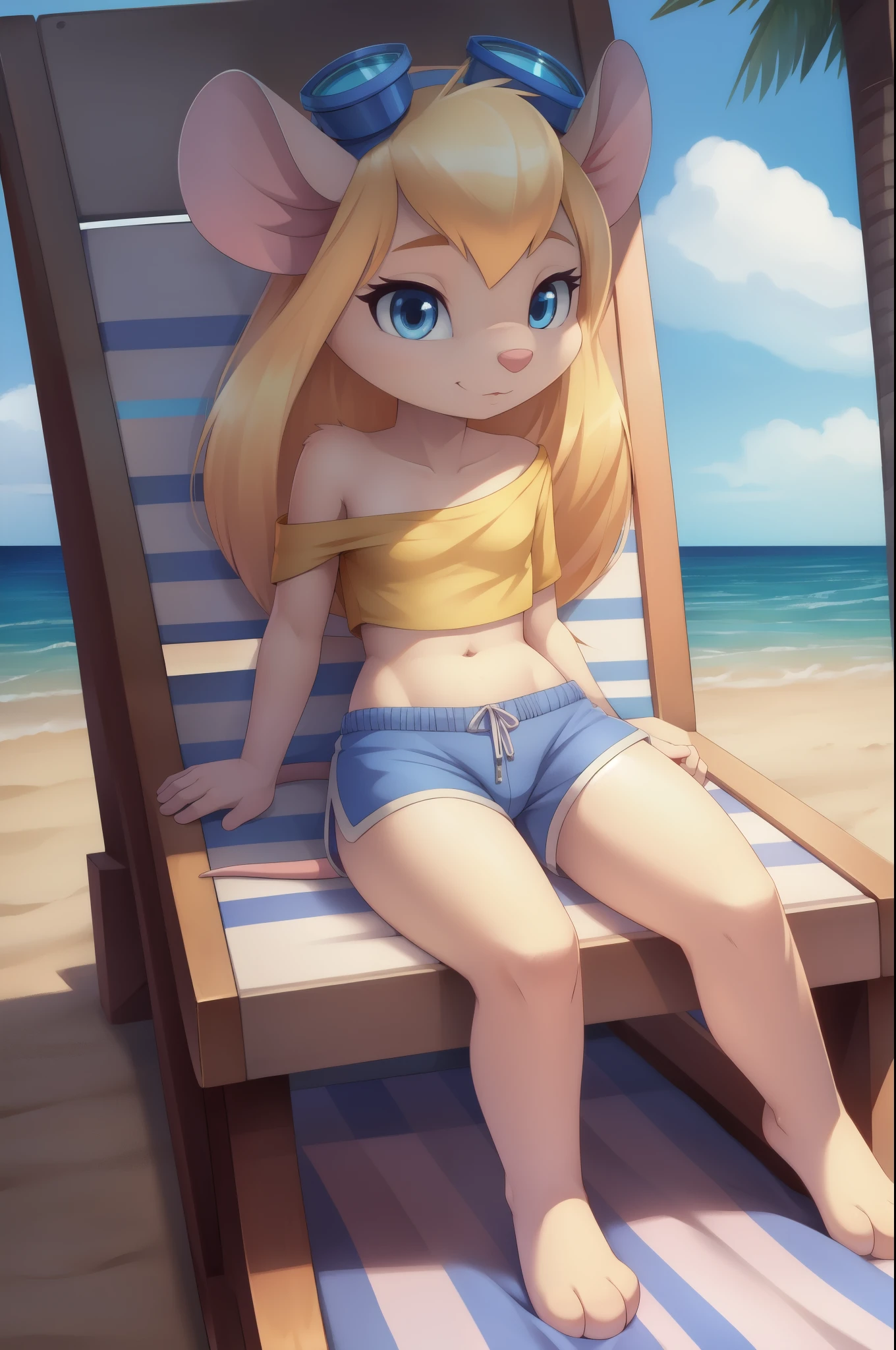 Gadget Hackwrench, young, mouse, blonde hair, long hair, narrowed eyes, blue eyes, pink nose, body fur, small breasts, detailed body fur, detailed face, detailed eyes, glistering body, shiny body, gorgeous body, masterpiece, high quality, ((goggles, yellow shirt, one shoulder, midriff, blue shorts)), full body, feets with three toes, 3 toes, beach, clear sky, skinny, sit on beach chair, :3,