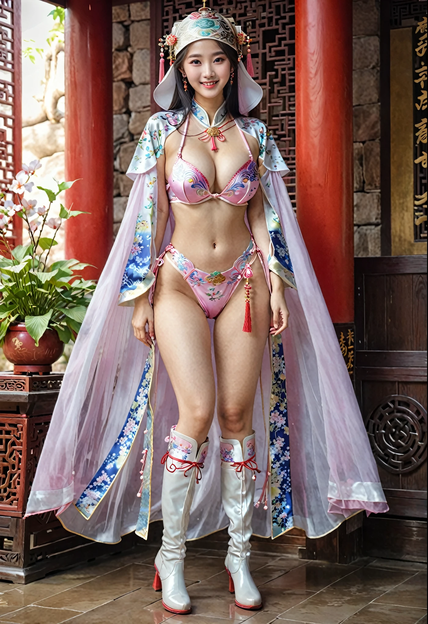 She looks like a very shy girl, Sweet smile, full body xianxia, Chinese Hanfu, sexy red bikini,High-cut bra,red underwear,Long-legged girl,Put on your boots,pink boots,Huge breasts,Put on your hat,fantasy服装, Put on the priest's cloak, Black cloak all over, 穿着fantasy服装, Standing on the grass,Facing the audience,Standing on the grass, Real 8000g,Impeccable,masterpiece,Professional artwork,Masterpieces,Light,Movie Bloom,Perfect face,Pretty Face,fantasy,Dreamy and magical,not real,Intricate details,beautiful pattern