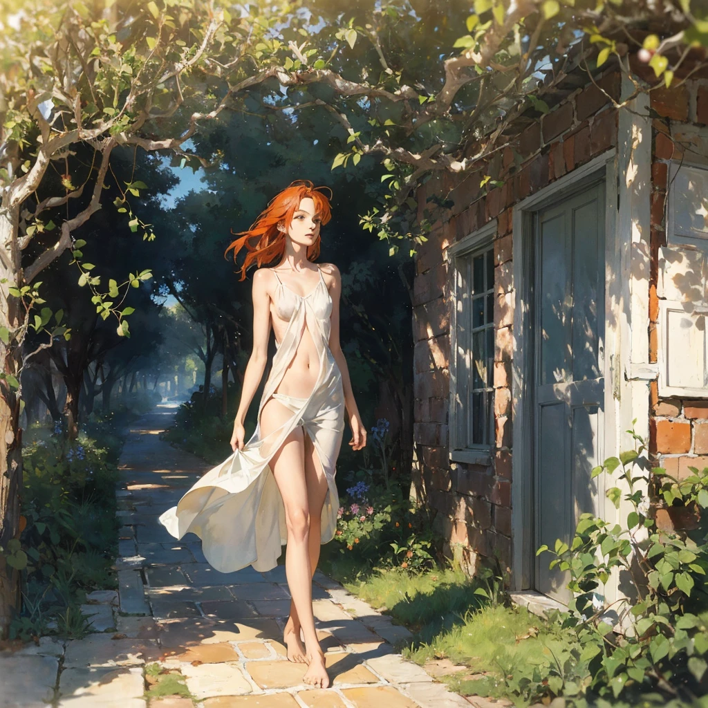 Beautiful slender thin exquisite (nude) girl with a perfect face of the southern type with red hair with tender breasts with tender nipples barefoot with bare hips ((with red pubic hairs)) ((in a short summer light light orange sundress on a naked body)) walks along a brick road in the middle of a flowering field, in a gentle watercolor style, Discreet shades, sfumato, haze, diffused dim light, delicate mint shades, imitation of film photography, (olive and grape groves, Brick Road), (High image quality, Maximum detail)