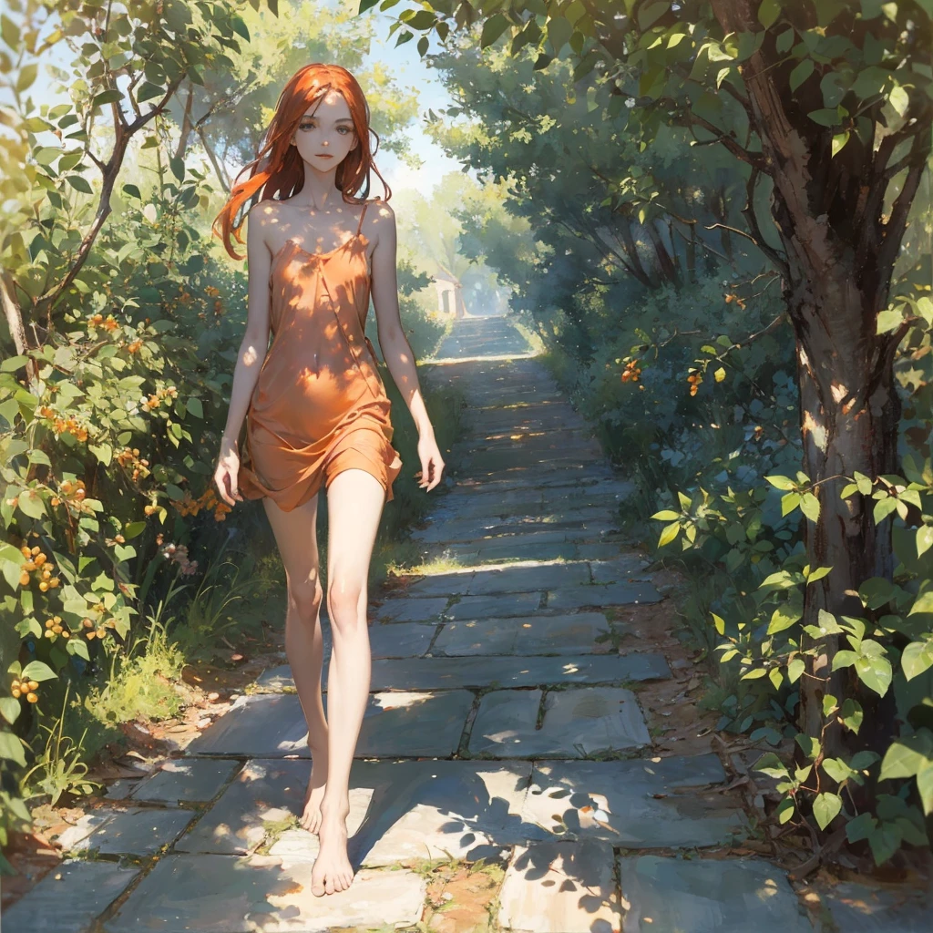 Beautiful slender thin exquisite (nude) girl 16 years old with a perfect face of the southern type with red hair with tender breasts with tender nipples barefoot with bare hips ((with red pubic hairs)) ((in a short summer light light orange sundress on a naked body)) walks along a brick road in the middle of a flowering field, in a gentle watercolor style, Discreet shades, sfumato, haze, diffused dim light, delicate mint shades, imitation of film photography, (olive and grape groves, Brick Road), (High image quality, Maximum detail)