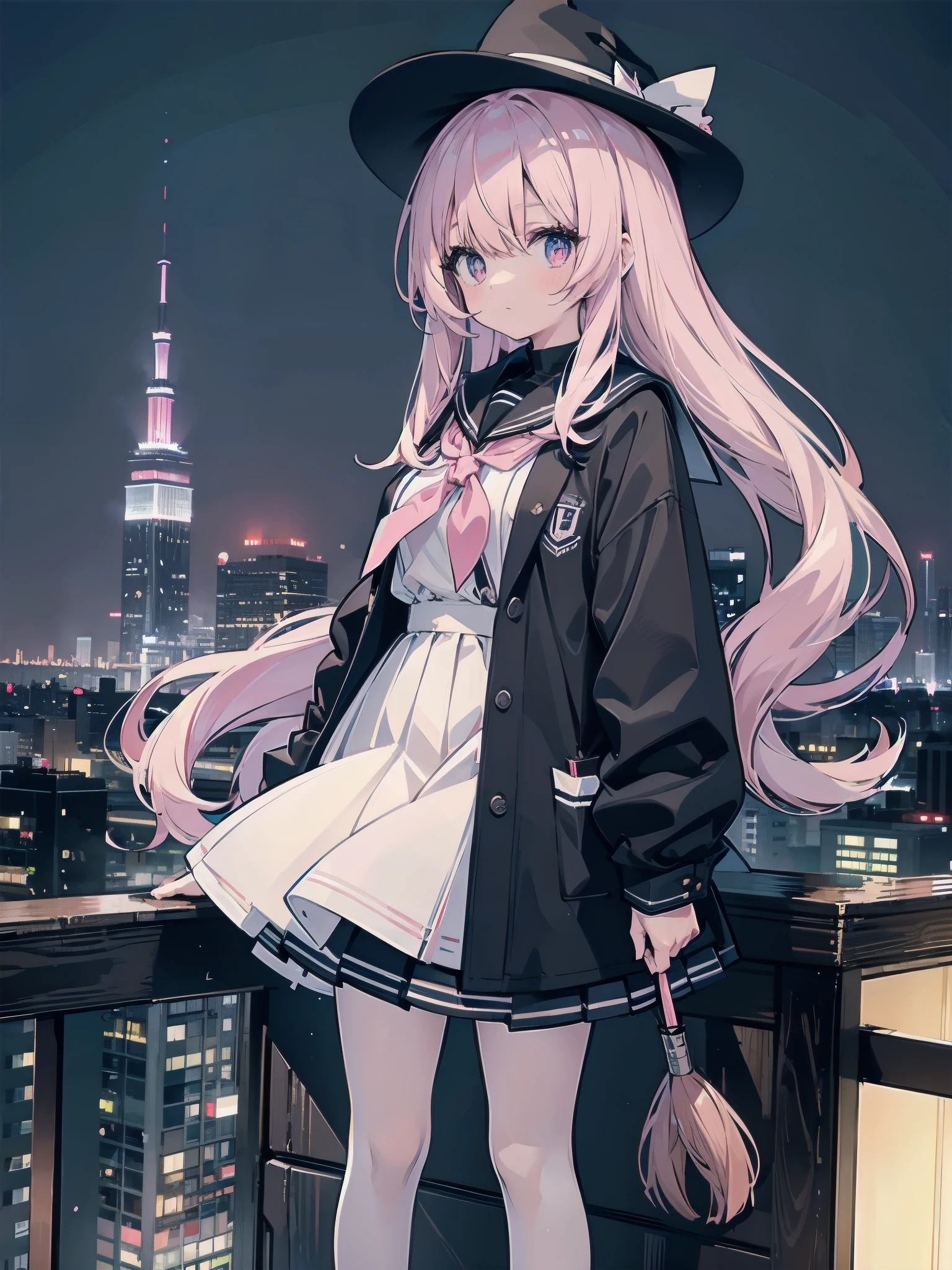 A girl stands on the rooftop of a skyscraper overlooking Tokyo、A high school student wearing a white and black sailor uniform with a pale pink ribbon、She wears a large witch's hat with a small sapphire accessory、She has long white hair、A few star creams、Beautiful starry sky、Beautiful night view、