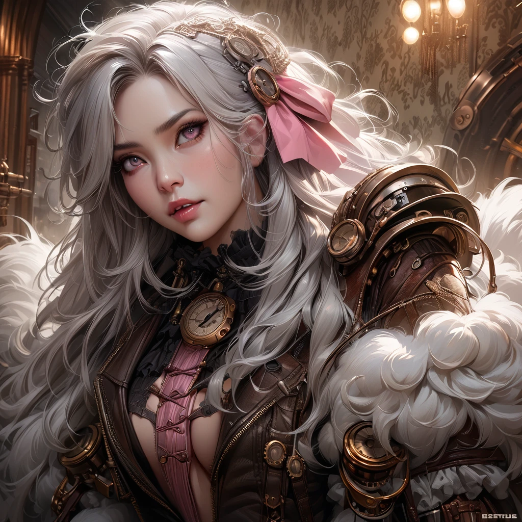 [best quality, shaded, extreme detail, highly detailed, ultra detailed, intricate, realistic], wolf woman, duo, long fluffy silver hair, beautiful, best image quality, very delicate, wallpaper, steampunk, pink ribbon in hair, heavy, provocative, estrus fluffy tail, verons eyes.