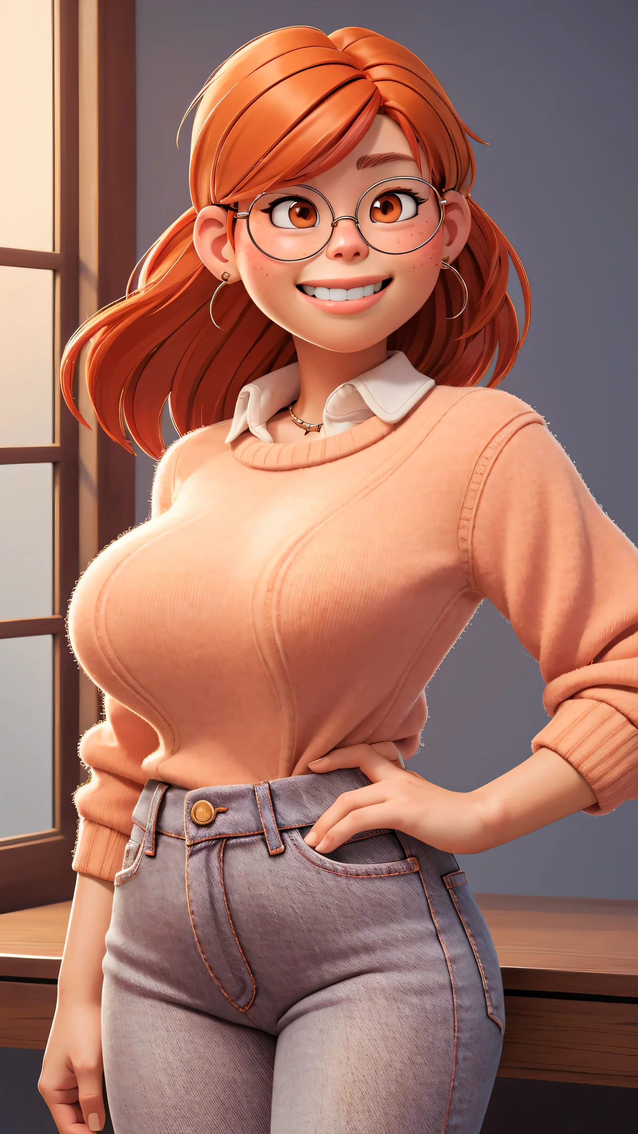 (best quality:1.4),(shiny skin), body focus, (cute face), (((best quality))), illustration, ((Beautiful Finger)), , Beautiful body, Beautiful character design, ,perfect lighting, Colorful, Bright_Front_face_Lighting, ultra high res, highres, absurdres:1.2, bokeh:1.2, lens flare, (vibrant_color:1.2), (Beautiful, large breasts:1.4), Meillin Lee as an adult, 30 years old, tight jeans,
Reddish-orange hair, red hairclip, circular glasses, (brown eyes:1.2),  white sweater, smile (chubby:1), jeans, of small stature, indoors, palms, hand on hip,