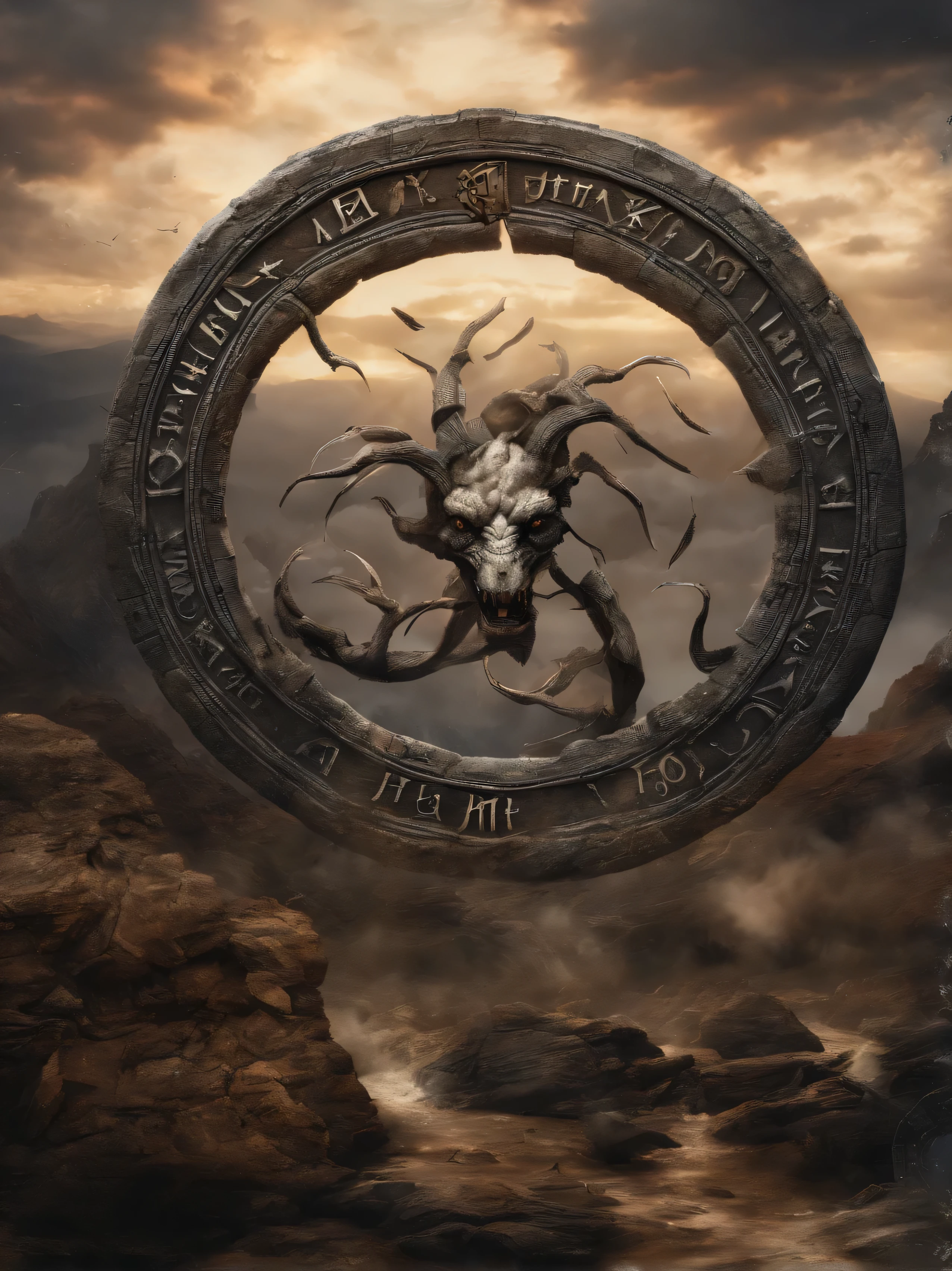 zodiac ouroboros chaos hell dark fantasy runes epic landscape