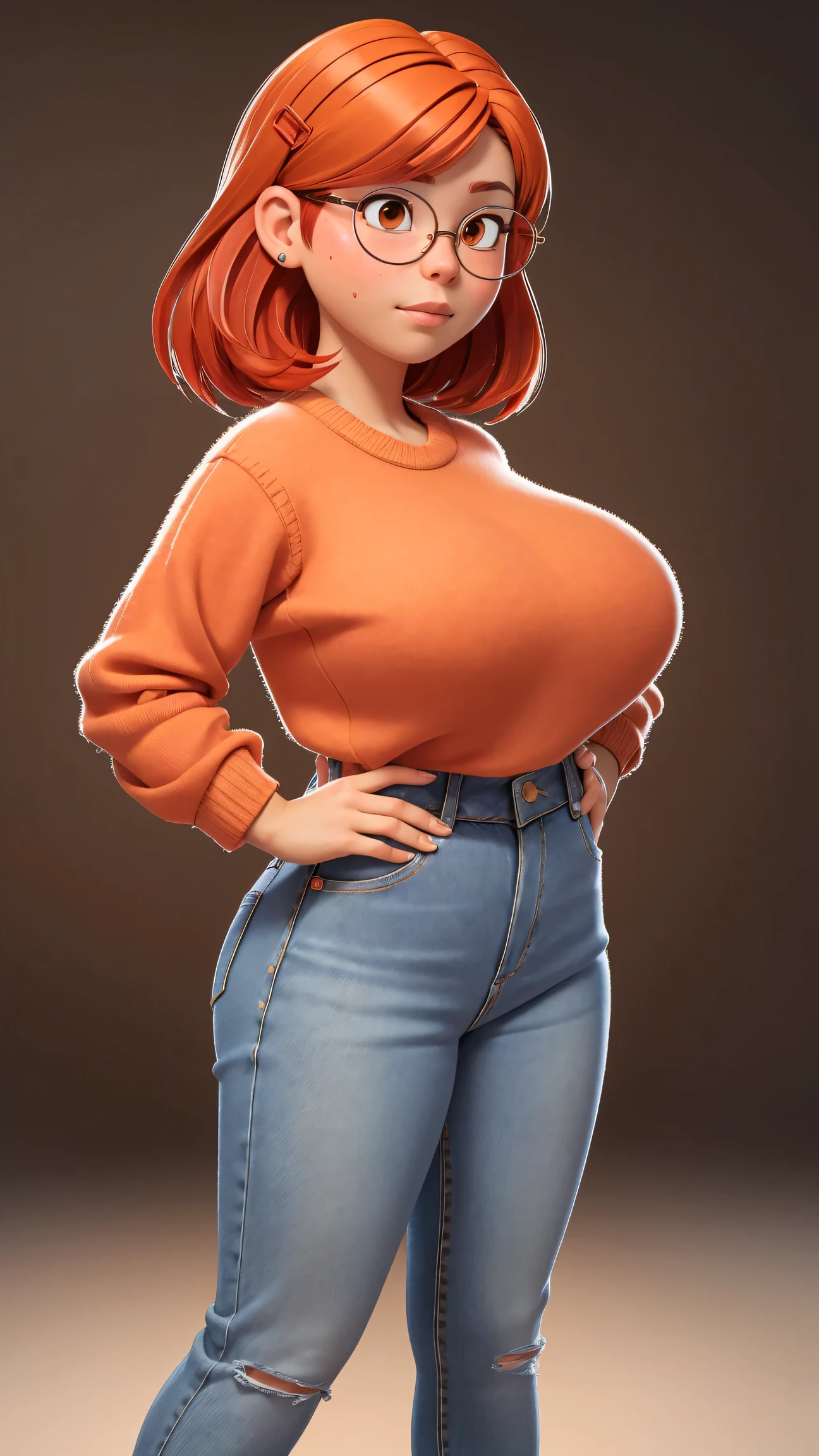 (best quality:1.4),(shiny skin), body focus, (cute face), (((best quality))), illustration, ((Beautiful Finger)), , Beautiful body, Beautiful character design, ,perfect lighting, Colorful, Bright_Front_face_Lighting, ultra high res, highres, absurdres:1.2, bokeh:1.2, lens flare, (vibrant_color:1.2), (Beautiful, large breasts:1.4), Meillin Lee as an adult, 30 years old, tight jeans,
Reddish-orange hair, red hairclip, circular glasses, (brown eyes:1.2), white sweater,(chubby:1), jeans, of small stature, indoors, palms, hand on hip, huge breasts, adult